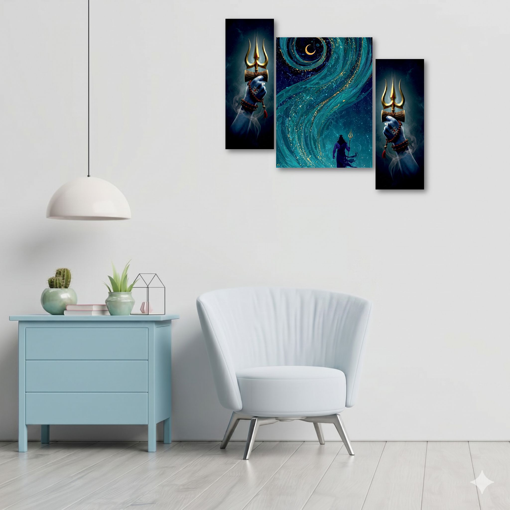 Lord Shiva Trishul Wall Painting, Set of 3 Panels, Ready to Paste, MDF Board Digital Reprint 12 inch x 18 inch Painting-image-12