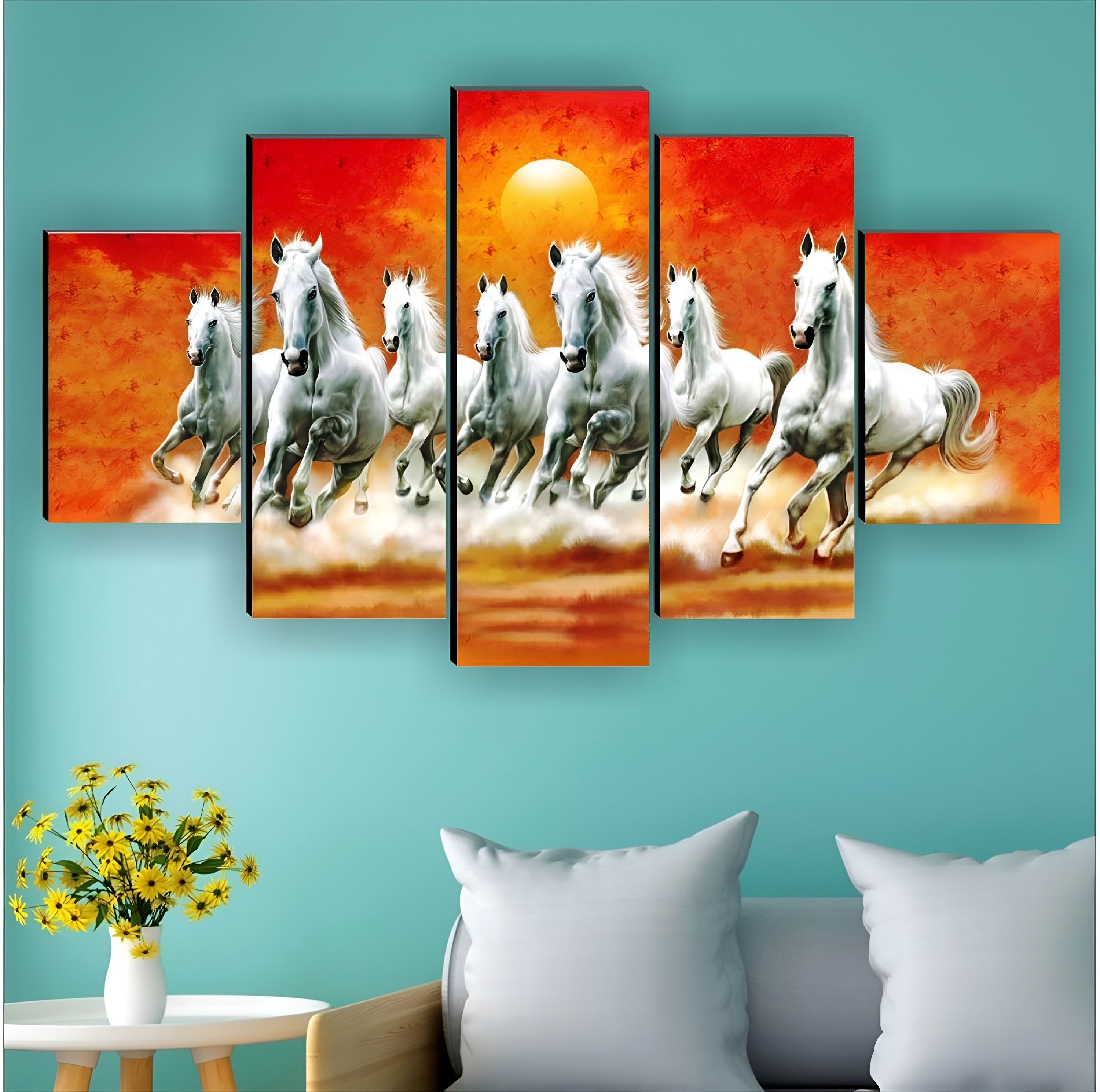 sndart (5P-9695) Vastu 7 lucky Running White Horses 5 Panal MDF wall Painting Digital Reprint 18 inch x 30 inch Painting-picture-15