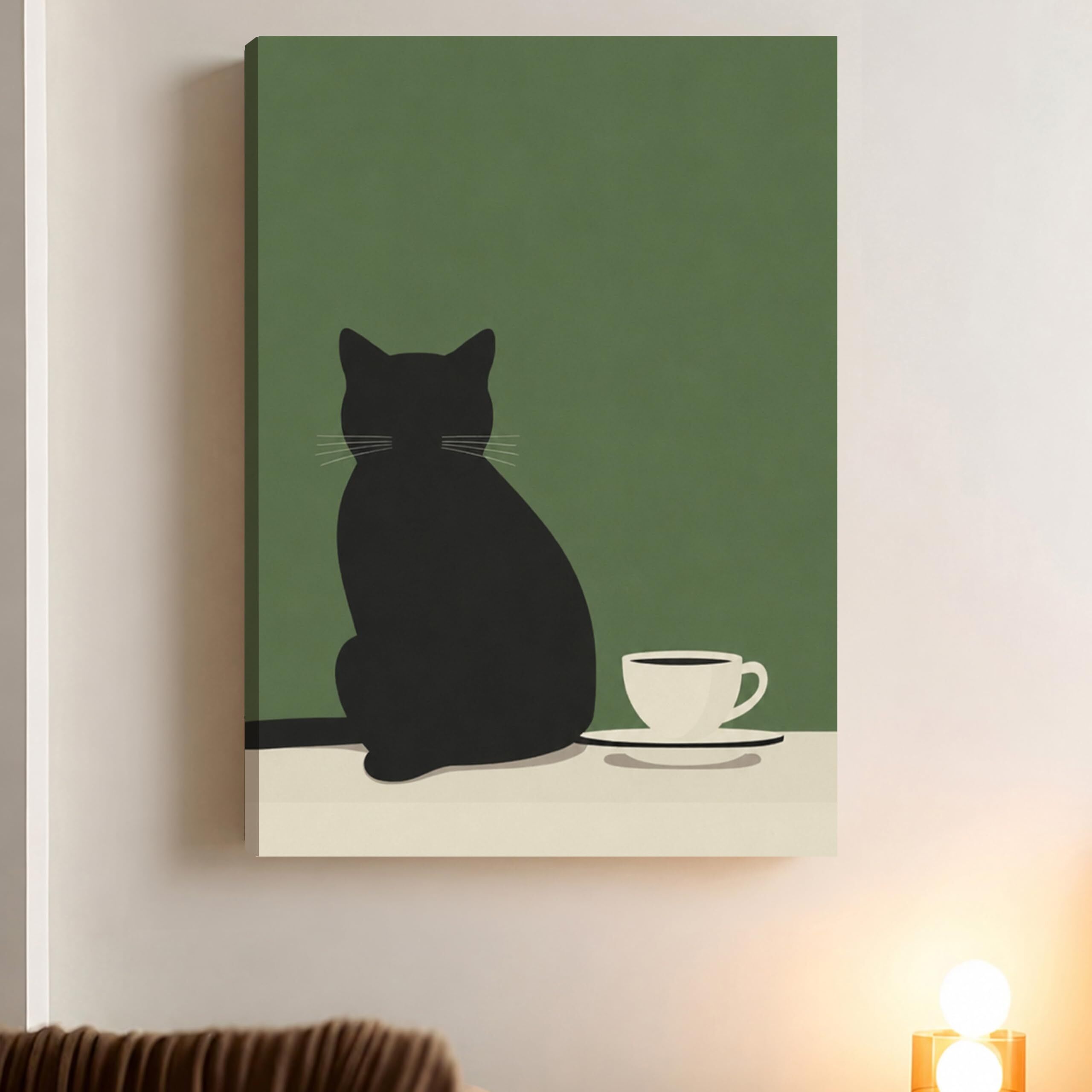 Minimalist Black Cat Coffee Canvas Wall Art, Back View Kitten Stretched Canvas Canvas 22 inch x 16 inch Painting-image-2