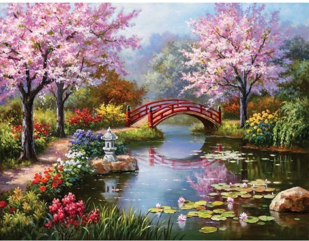 DIY 5D Diamond Painting Kit,Rhinestone for Home Wall Decor, Peach Blossom Bridge Embroidery 15.8 inch x 11.8 inch Painting-image-1