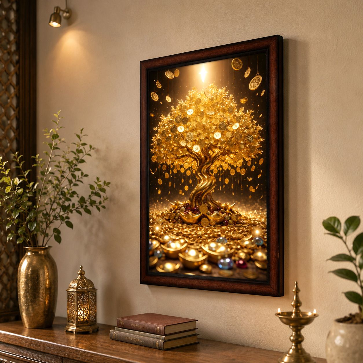 Golden Money Tree Vastu Sparkle Laminated Premium Wall Painting Digital Reprint 20 inch x 14 inch Painting-image-19