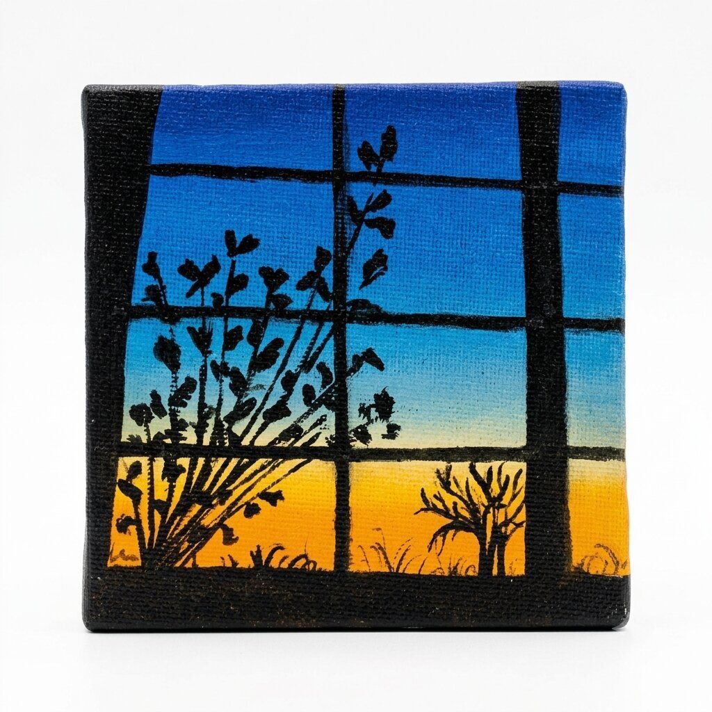 Handmade Sunset Window Silhouette Acrylic Canvas Painting (4x4 Inch) Wall Decor NA 7 inch x 4 inch Painting-image-2