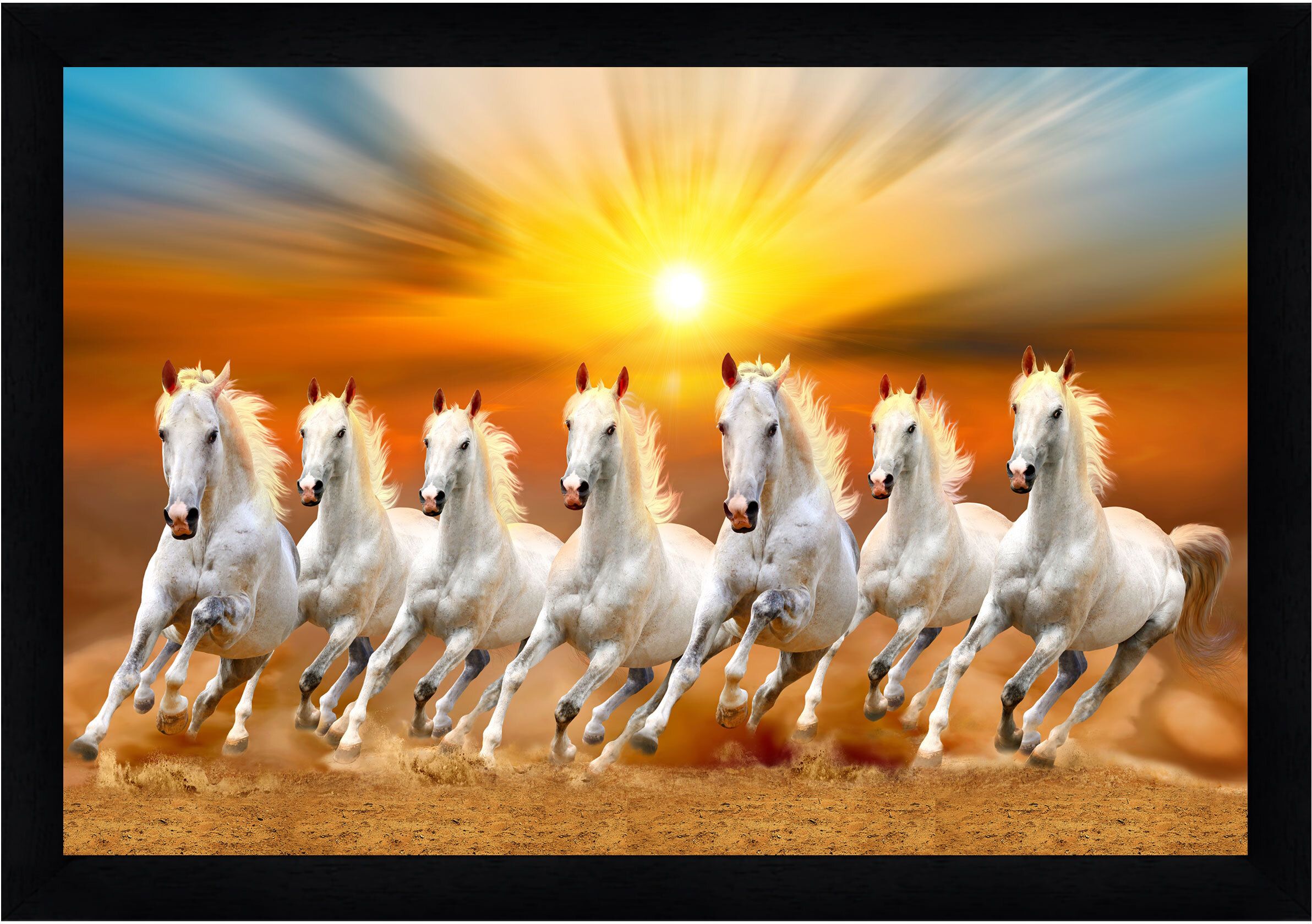 Vastu Lucky Seven Running Horses Painting Digital Reprint 13 inch x 10 inch Painting