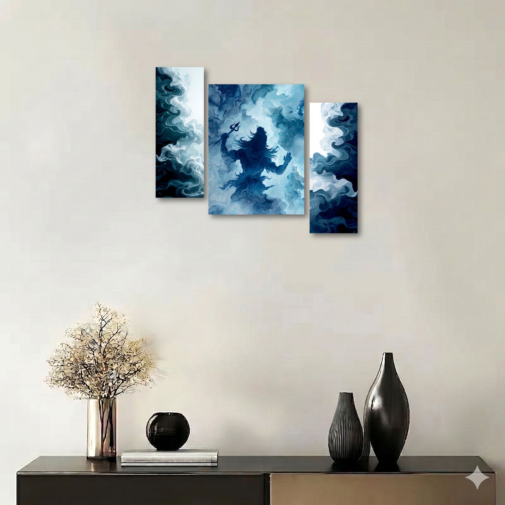 Lord Shiva Abstract Wall Painting, Set of 3 Panels, Blue Tones, Ready to Paste Digital Reprint 12 inch x 18 inch Painting-image-2