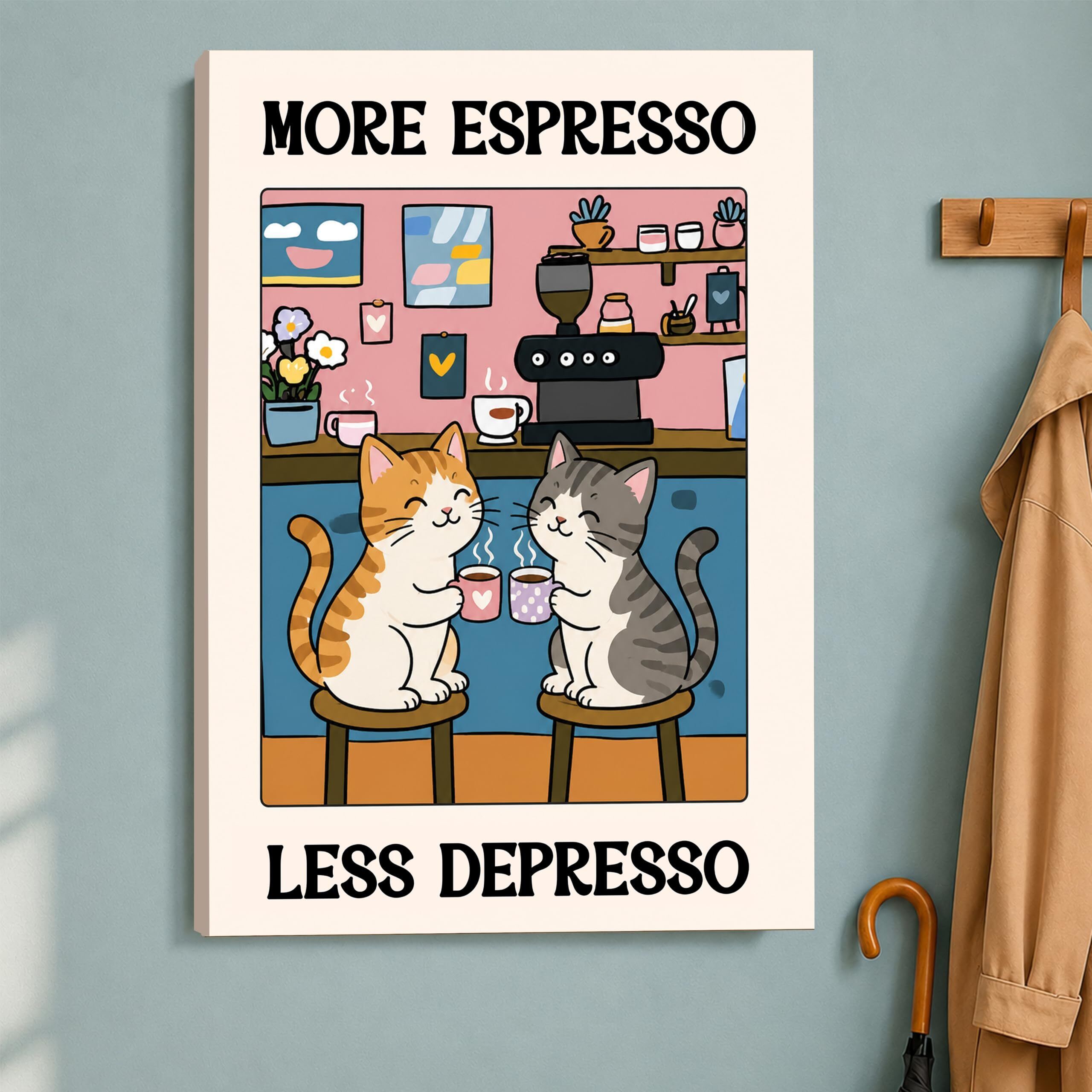 painting mantra Cute Cat Coffee Canvas Wall Art, More Espresso Less Depresso Stretched Canvas Canvas 22 inch x 16 inch Painting-picture-1