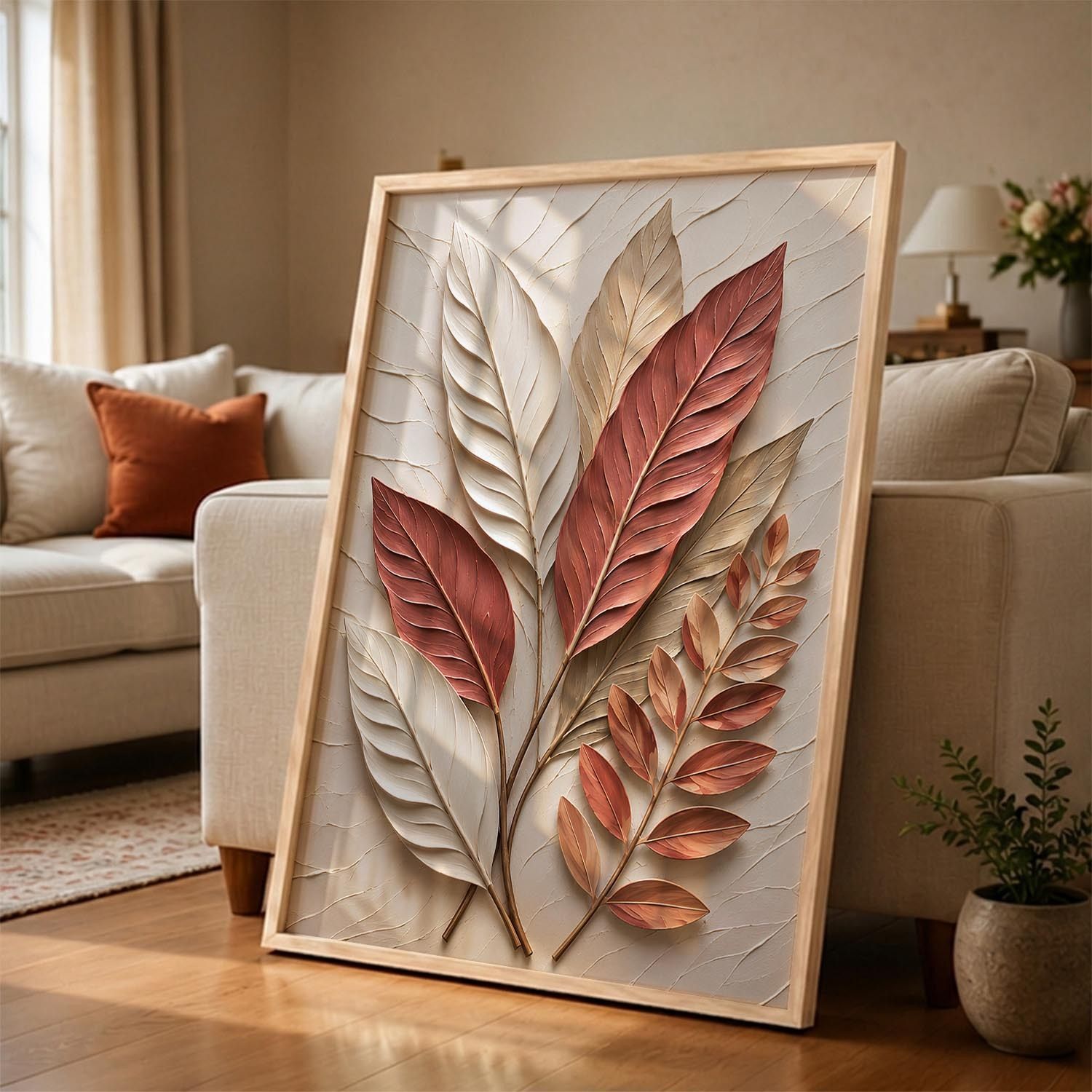 3D Textured Leaf Painting With Frame For Bed Room Acrylic 17 inch x 13 inch Painting-image-9