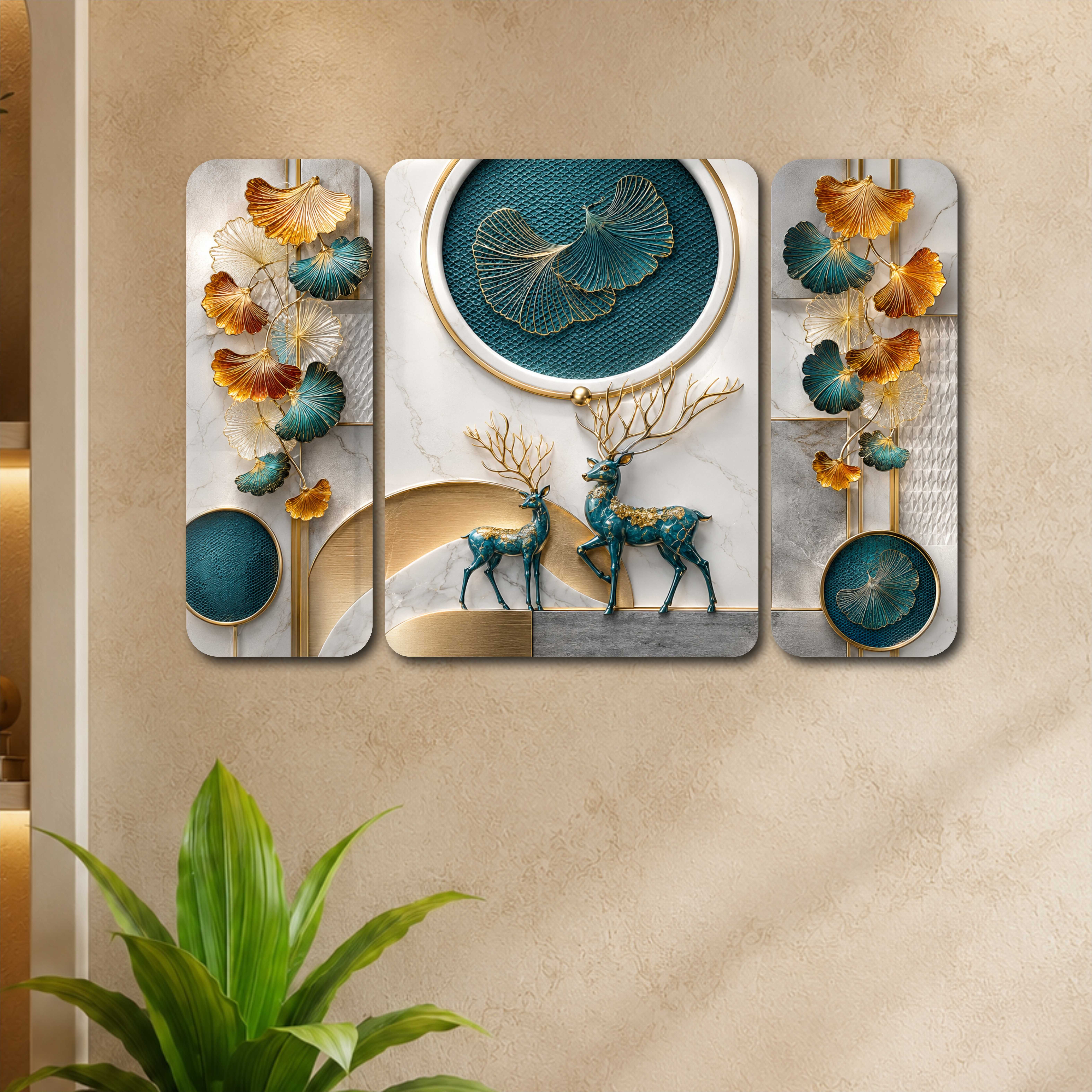 saf Teal Golden Deer Ginkgo Leaf UV Textured MDF Wall Painting Set of 3 Digital Reprint 12 inch x 18 inch Painting-picture-38