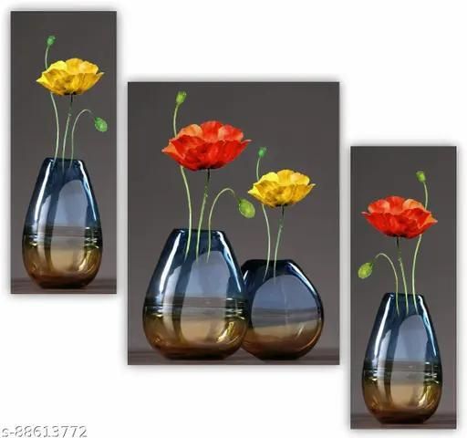 3 Panel Flower Wall Painting MDF Wall Art for Living Room Bedroom Home Decor Digital Reprint 12 inch x 4 inch Painting-image-3