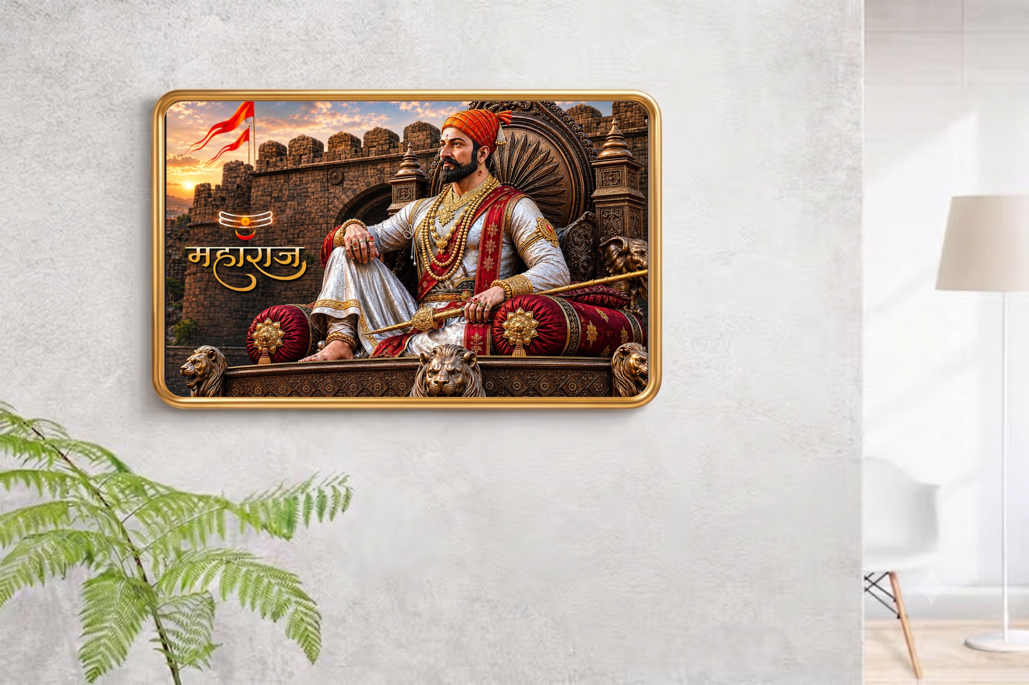Majestic Shivaji Maharaj on Throne Golden Frame Wall Ar Digital Reprint 12 inch x 18 inch Painting-image-4