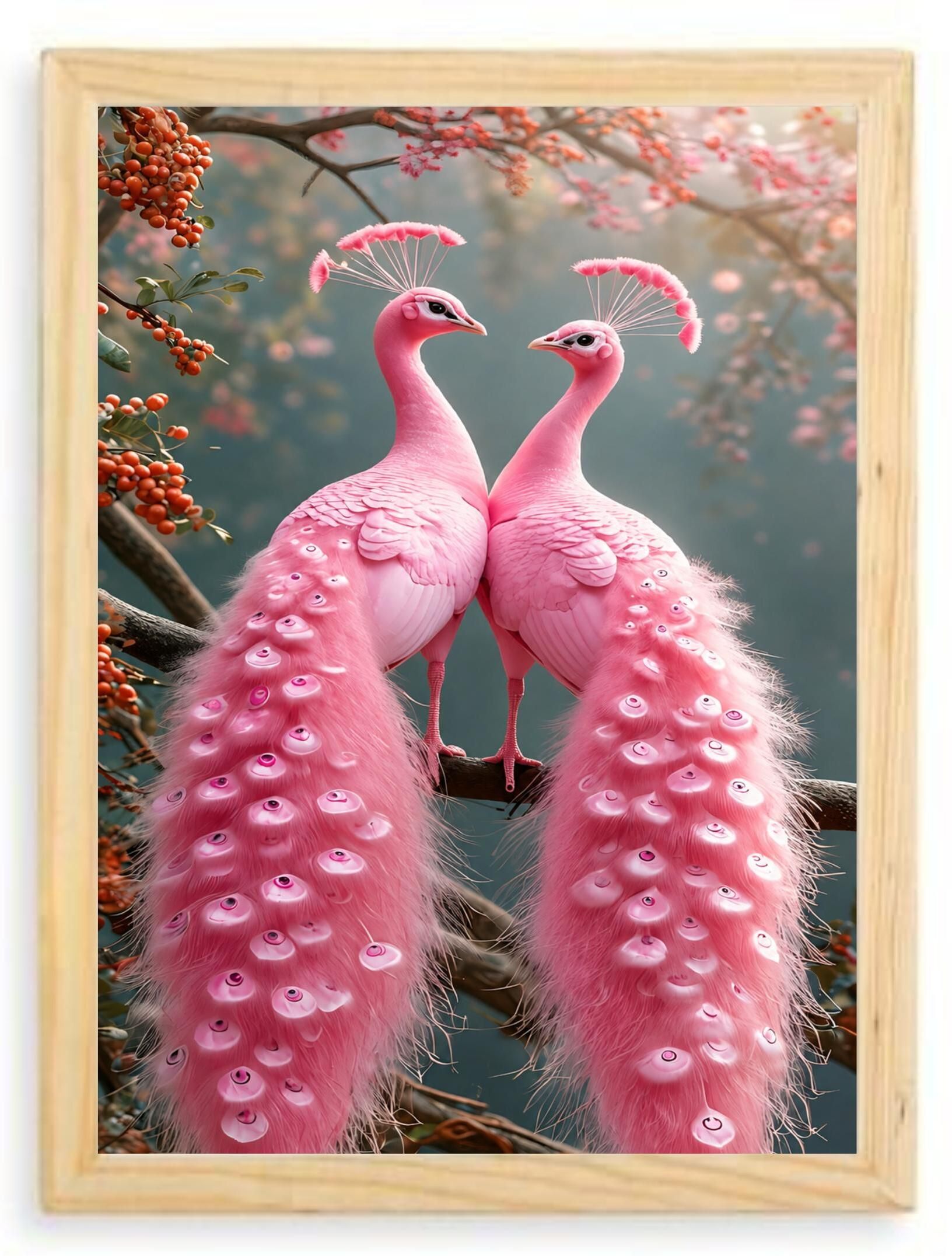 Pink Peacock Couple Wall Painting with Wooden Frame Digital Reprint 11.69 inch x 8.27 inch Painting-image-0