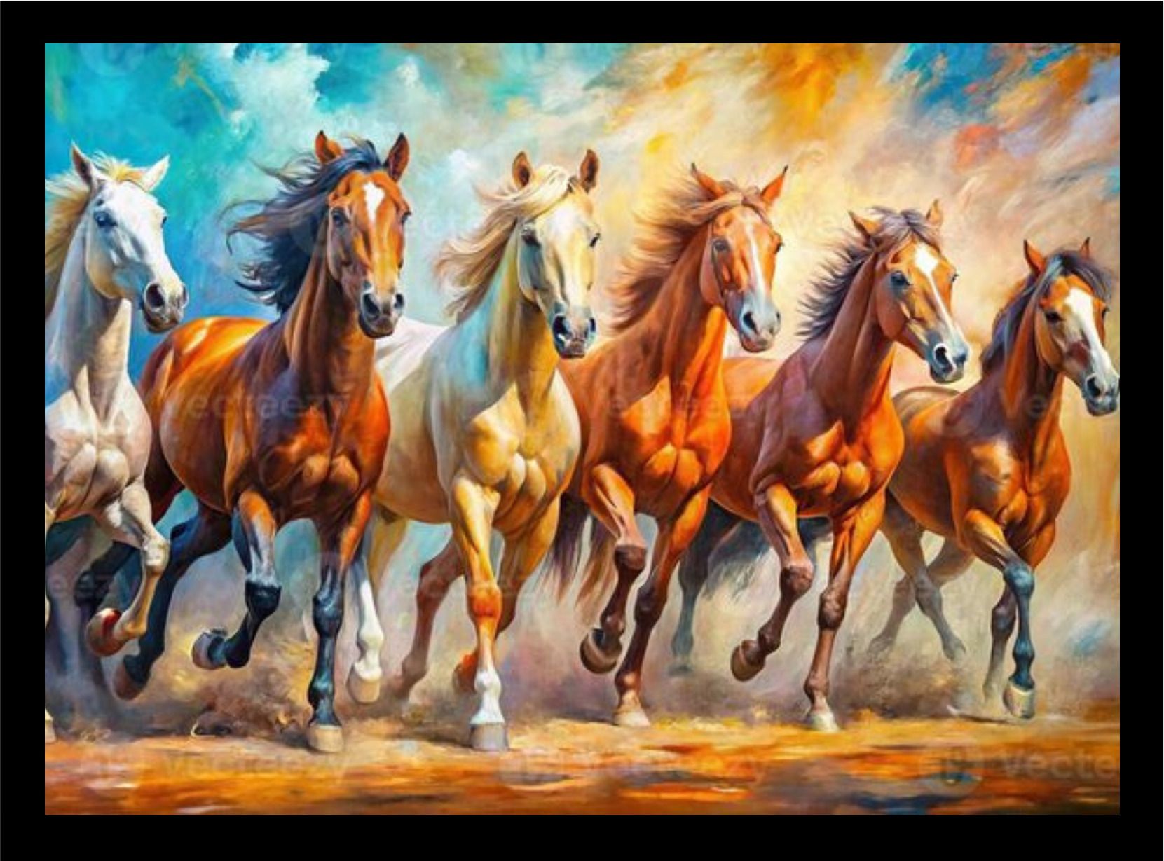 manarayan creation Running Horses Storm Energy Good Luck Frame A4 Black-204 14.4 inch Wall-picture-46