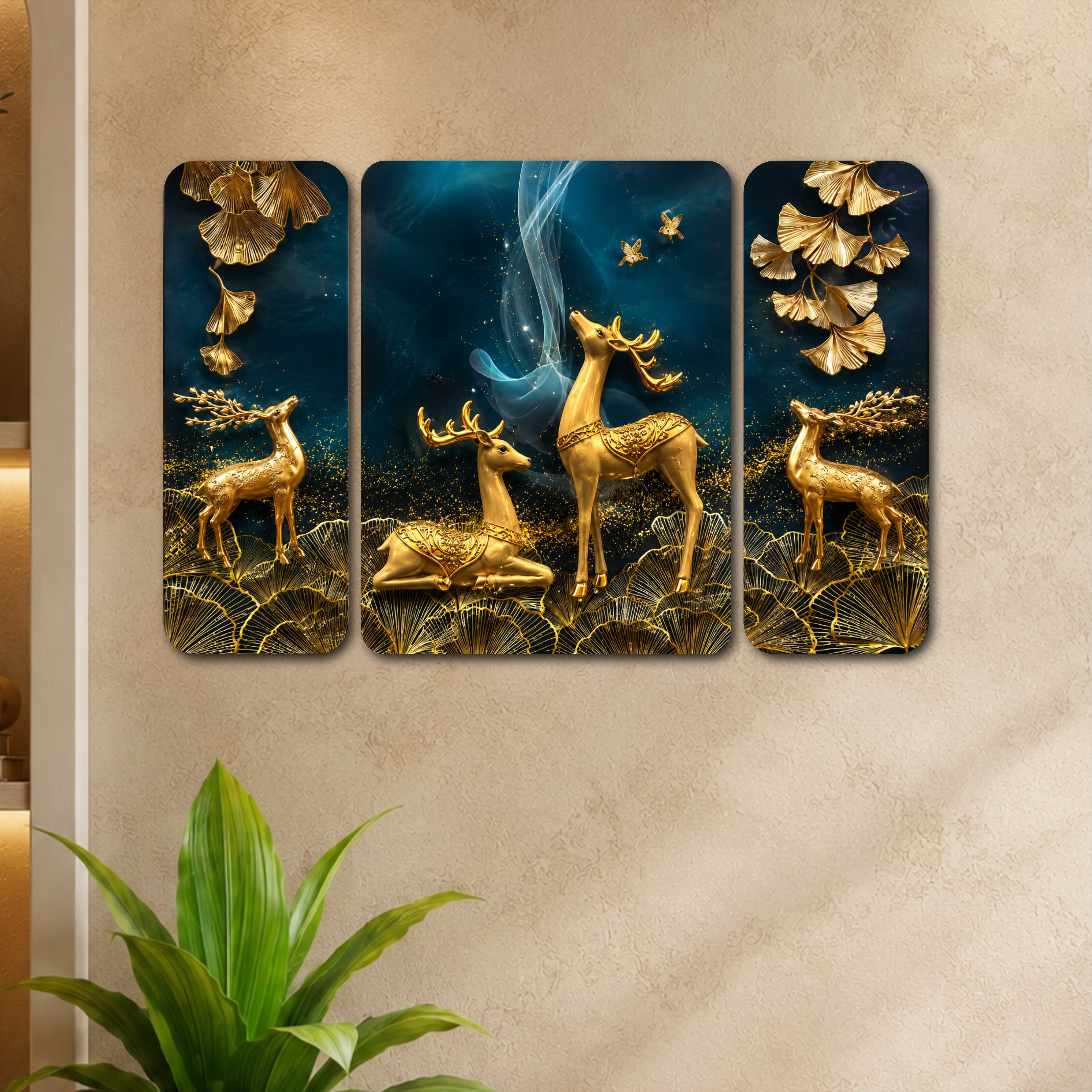 saf Golden Deer Ginkgo Leaf UV Textured MDF Wall Painting Set of 3 Digital Reprint 12 inch x 18 inch Painting-picture-28
