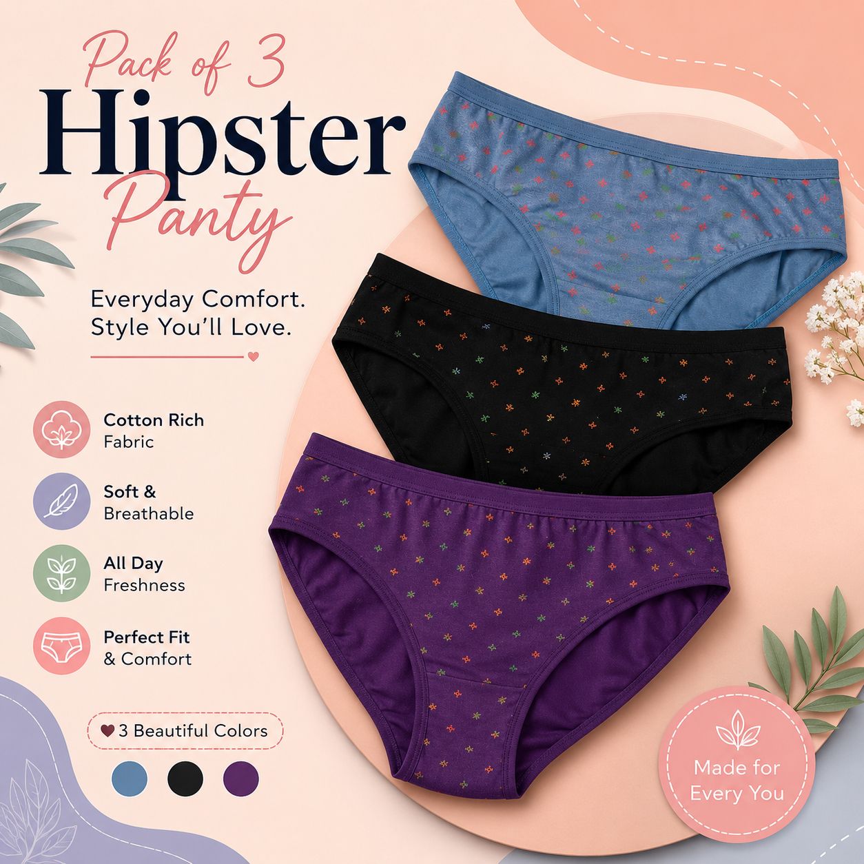 fiveflag Pack of 3 Women Hipster Multicolor Panty-picture-9