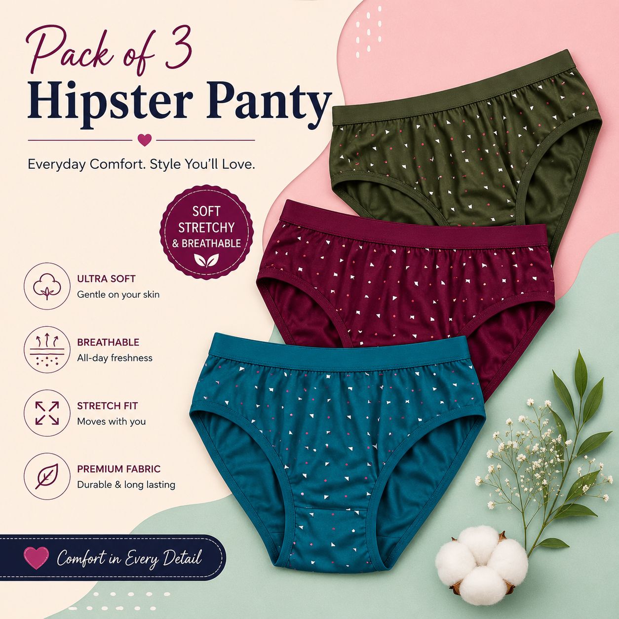 houseofcommon Pack of 3 Women Hipster Multicolor Panty-picture-30