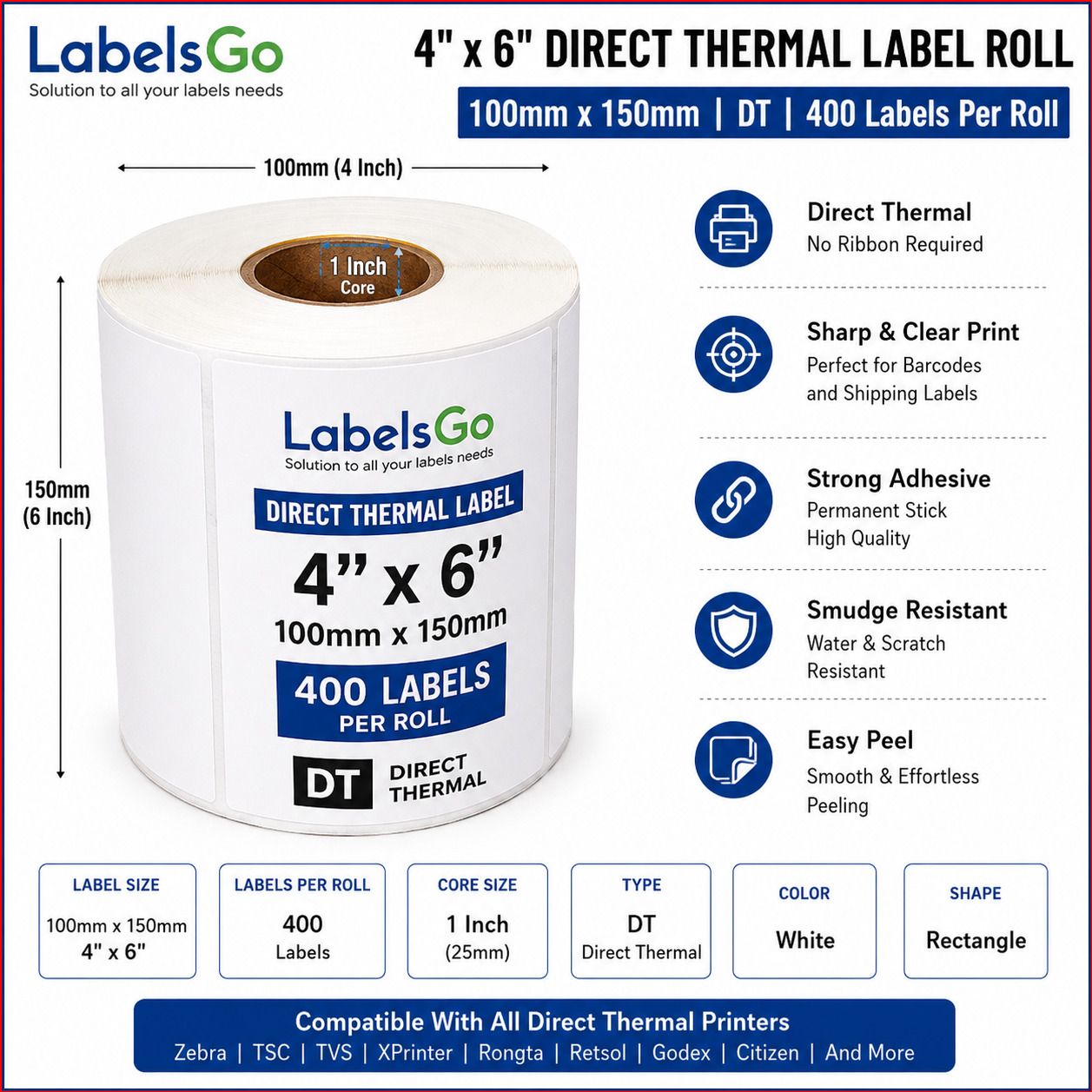 LabelsGo 4''x 6'' Direct Thermal Roll 400 Labels in one roll (100mmx150mm) Permanent Self-Adhesive Paper Label-image-24