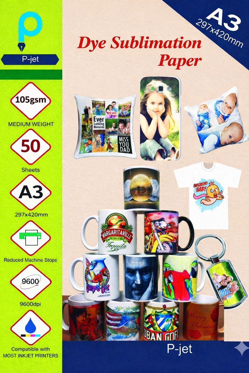 p-jet Dye Sublimation Paper (A3 Size, 50 Sheets, 297x420mm) | Fast Drying Vivid Dye Sublimation Heat Transfer Paper Sheet For T-Shirt Printing | Use Sublimation Ink A3 105 gsm Sublimation Mug Printing Paper-picture-28