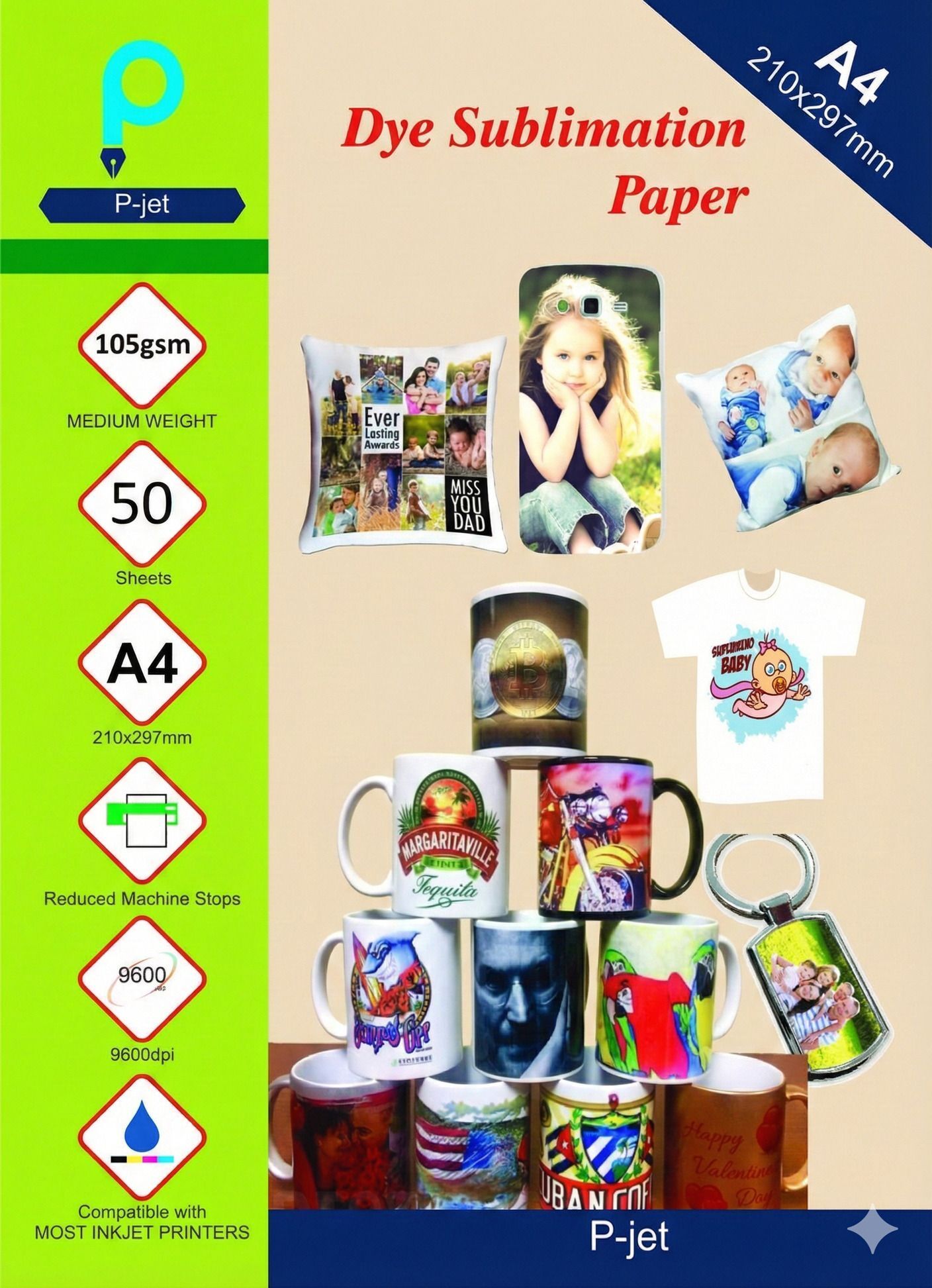 Dye Sublimation Paper (A4 Size, 50 Sheets, 210x297mm) | Fast Drying Vivid Dye Sublimation Heat Transfer Paper Sheet For T-Shirt Printing | Use Sublimation Ink A4 105 gsm Sublimation Mug Printing Paper
