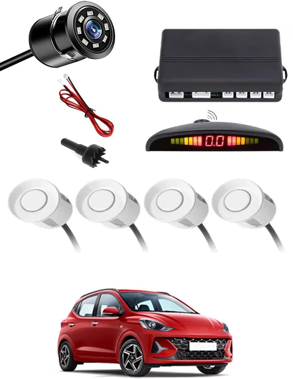 Car Parking Sensors - Set of 4 with Reverse Parking Camera (White)-123 Safety of Passengers/Car One Alarm Kit-2051 Parking Sensor-image-2
