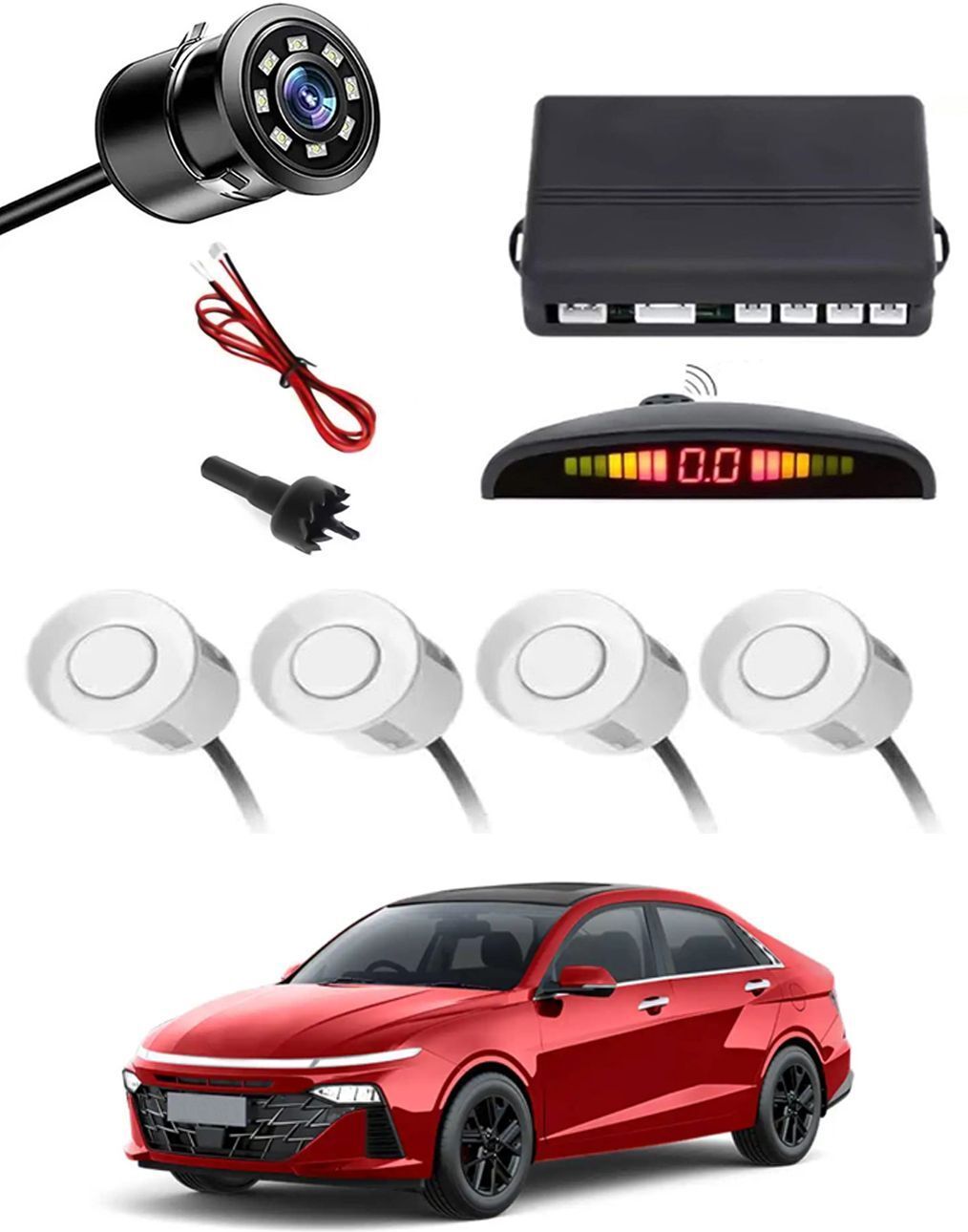 Car Parking Sensors - Set of 4 with Reverse Parking Camera (White)-296 Safety of Passengers/Car One Alarm Kit-2406 Parking Sensor-image-33
