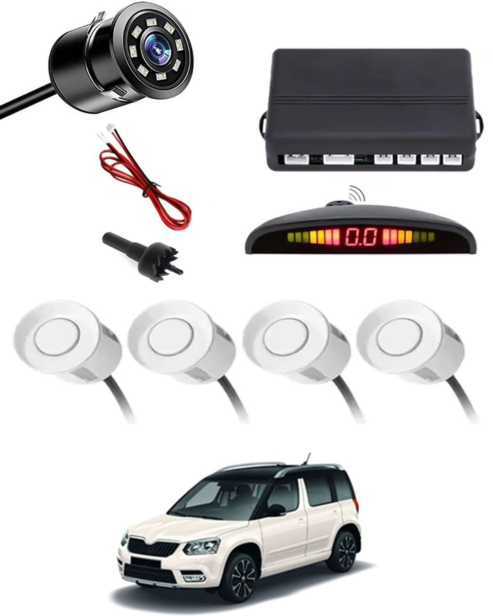 Car Parking Sensors - Set of 4 with Reverse Parking Camera (White)-327 Safety of Passengers/Car One Alarm Kit-2501 Parking Sensor-image-10