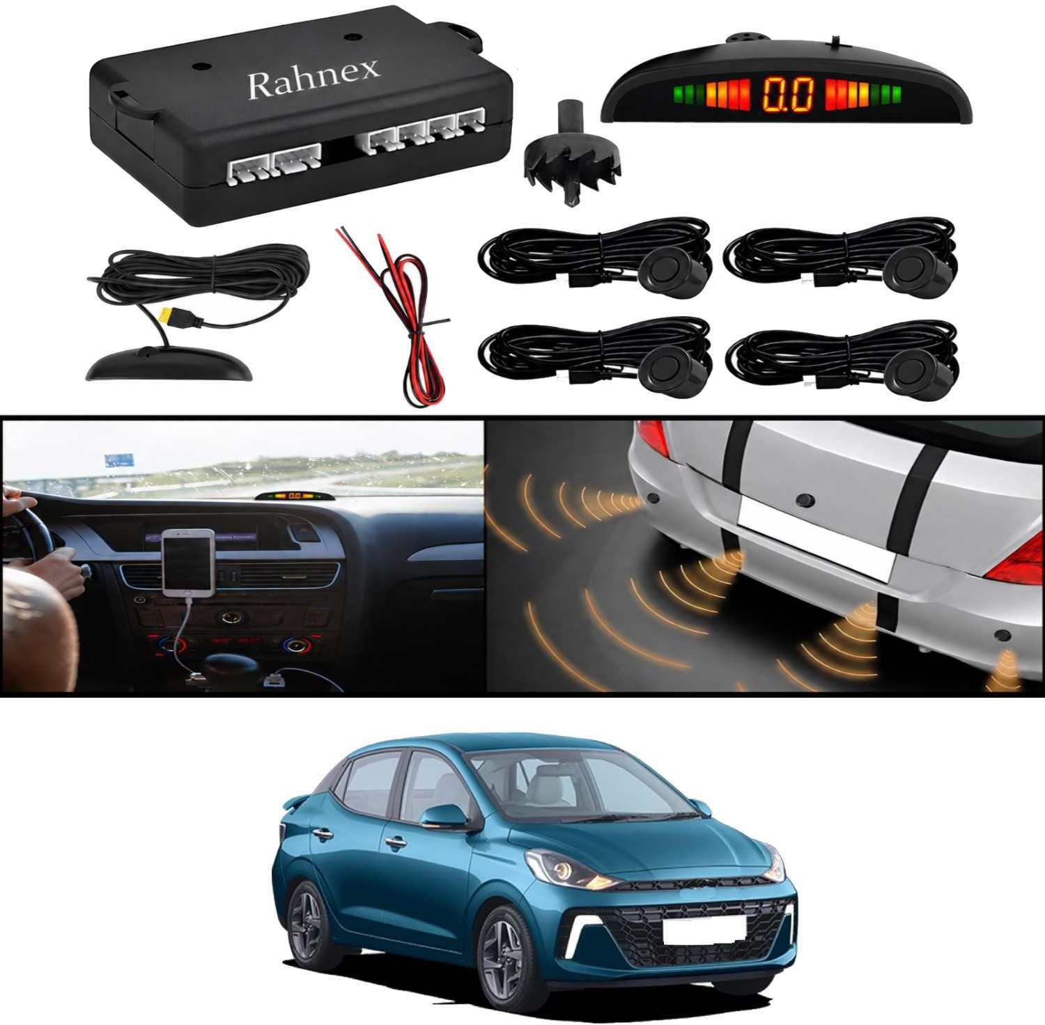 rahnex Reverse Car Safety System With LED Display Sensor Kit-28 Car Reverse Parking Sensor Black 4 Ultrasonic Sensors for Aura 2023 Parking Sensor-picture-30