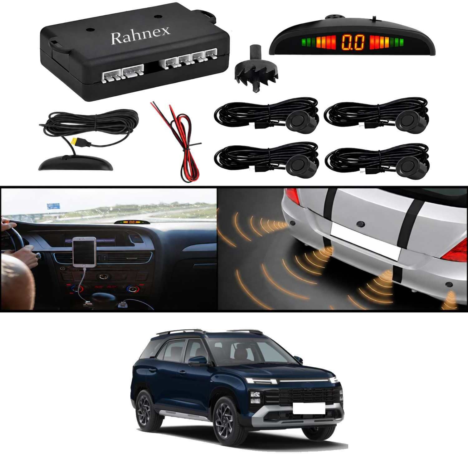 rahnex Reverse Car Safety System With LED Display Sensor Kit-09 Car Reverse Parking Sensor Black 4 Ultrasonic Sensors for Alcazar 2025 Parking Sensor-picture-21