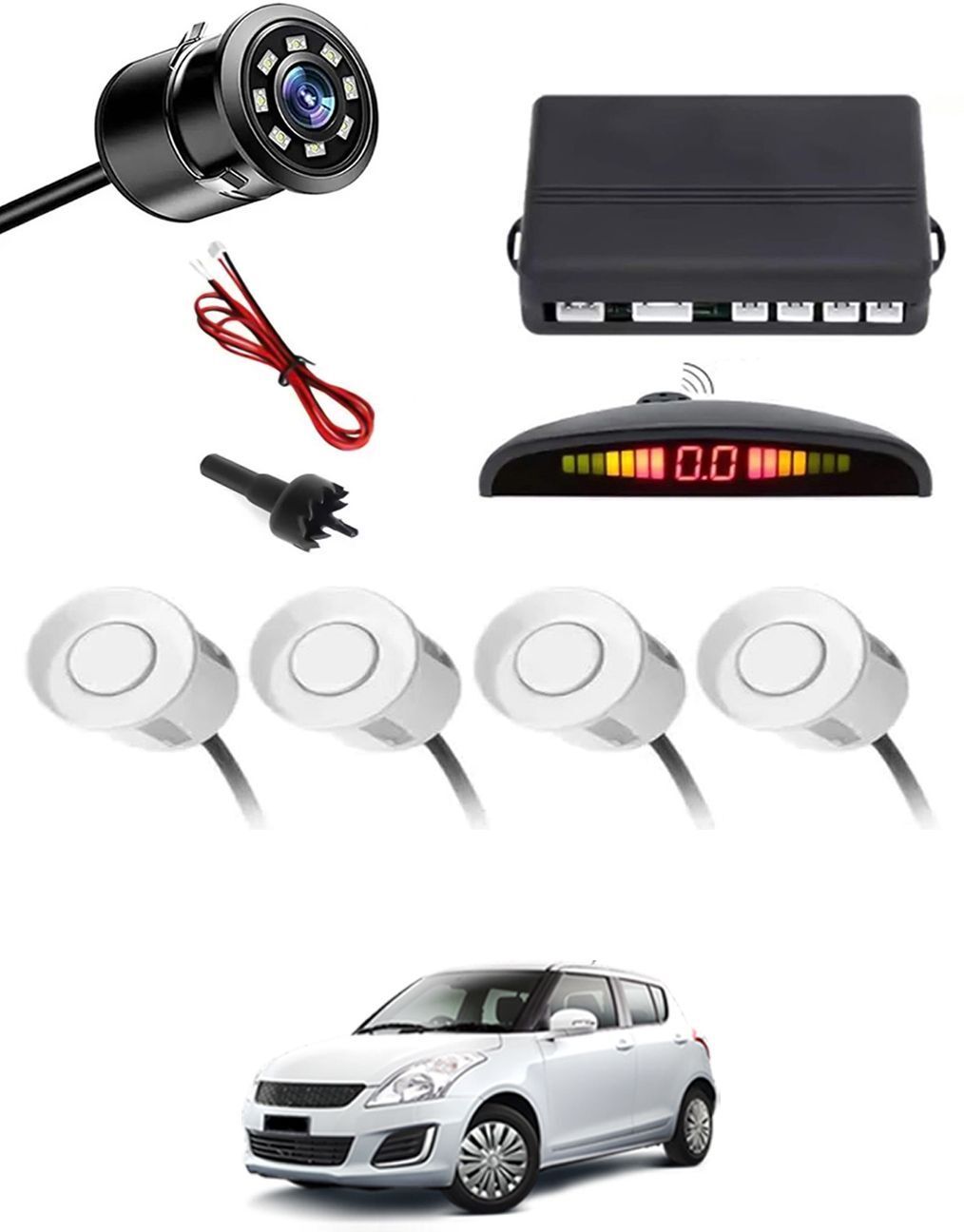 Car Parking Sensors - Set of 4 with Reverse Parking Camera (White)-257 Safety of Passengers/Car One Alarm Kit-2484 Parking Sensor-image-18
