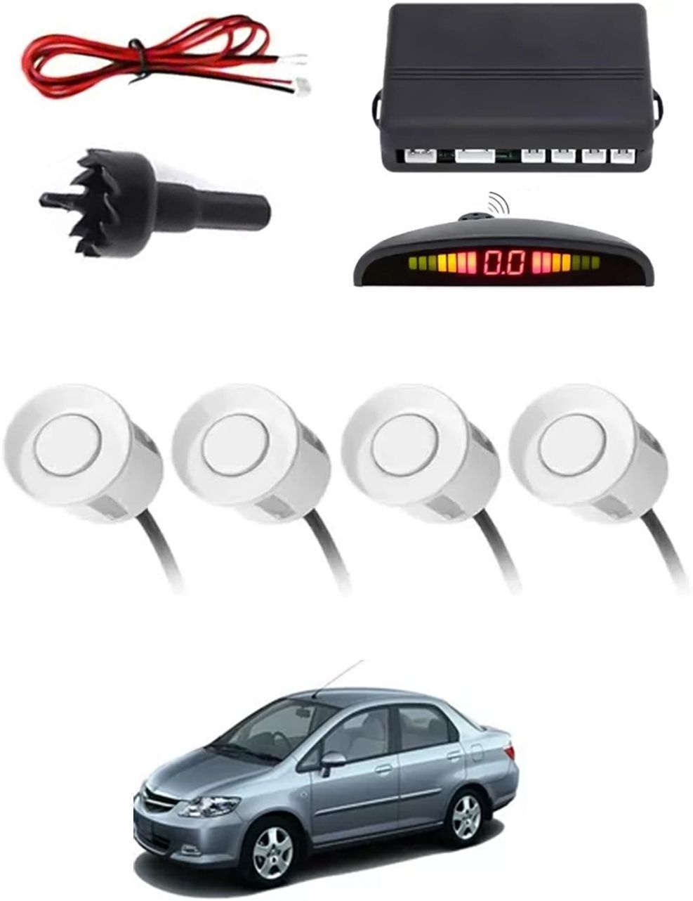4White Parking Sensor With LED Display Increased Safety For Car-60 Safety of Passengers/Car One Alarm Kit-1550 Parking Sensor-image-1