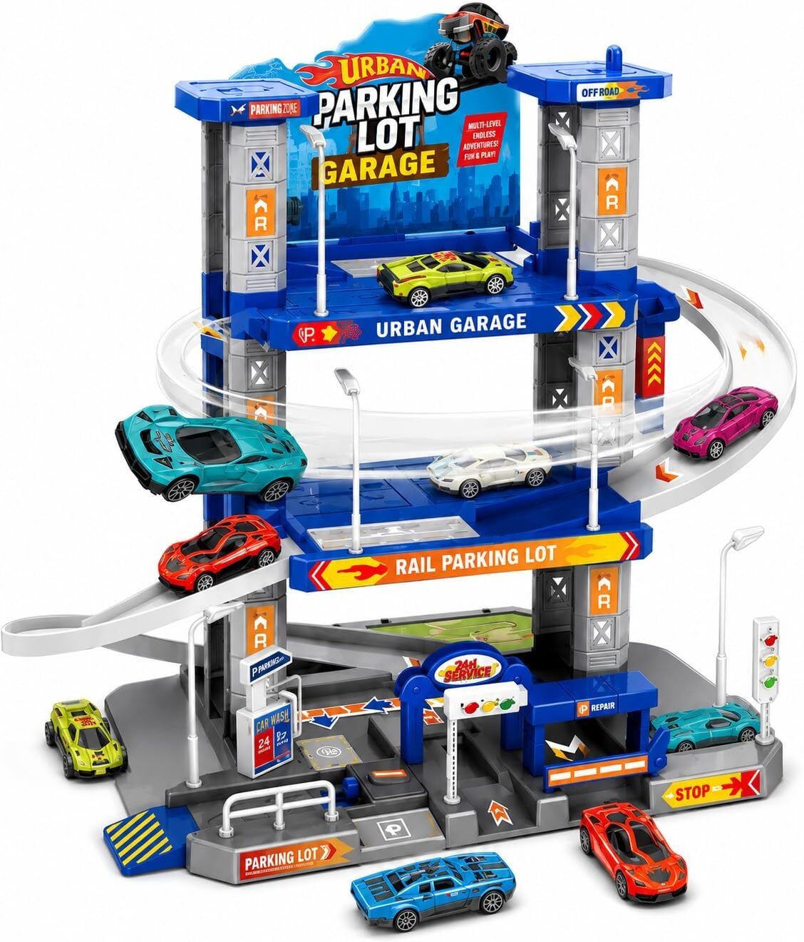 Urban Parking Garage Multi-Level Car Track Playset with 4 Die-Cast Cars-image-31