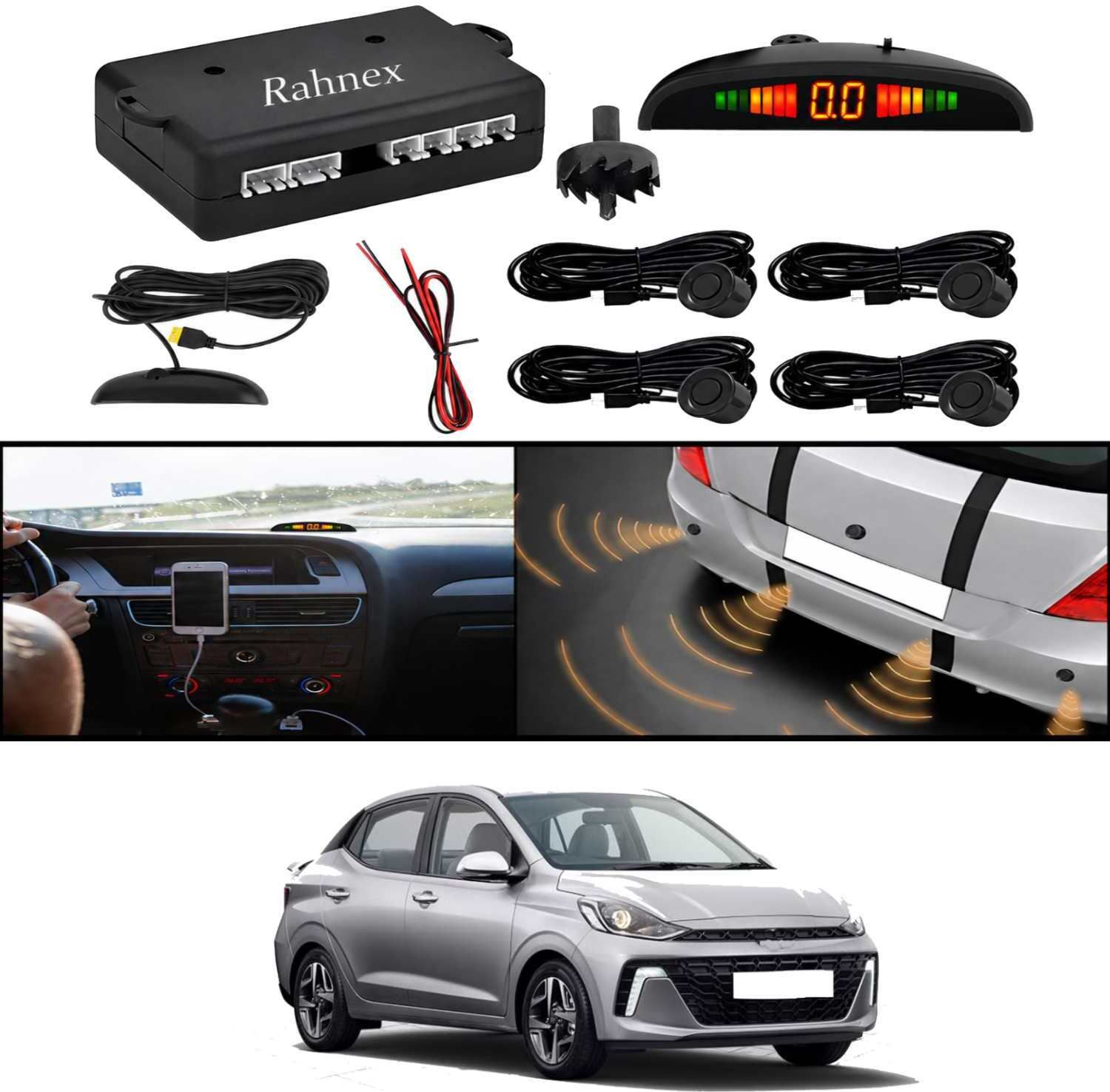 rahnex Reverse Car Safety System With LED Display Sensor Kit-27 Car Reverse Parking Sensor Black 4 Ultrasonic Sensors for Aura 2022 Parking Sensor-picture-44