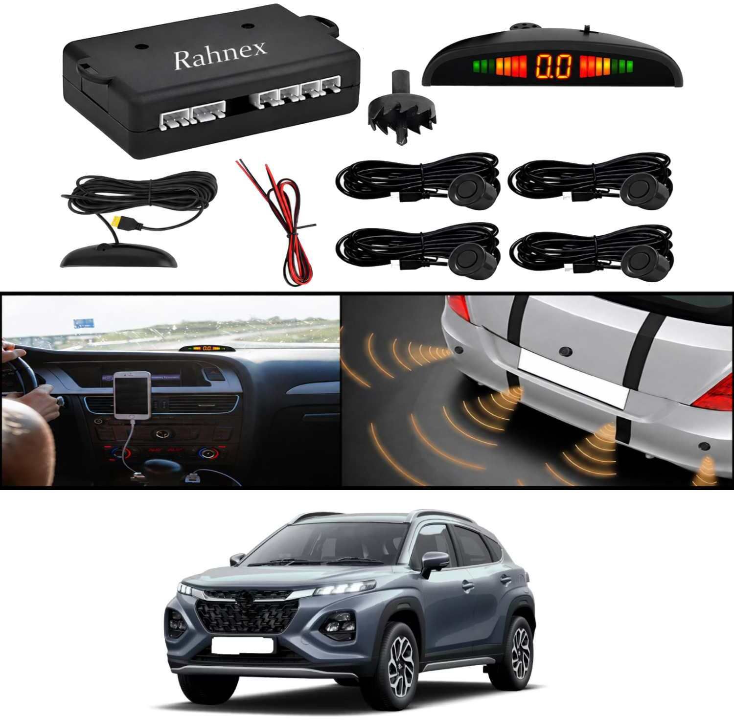 rahnex Reverse Car Safety System With LED Display Sensor Kit-133 Car Reverse Parking Sensor Black 4 Ultrasonic Sensors for Fronx 2025 Parking Sensor-picture-37