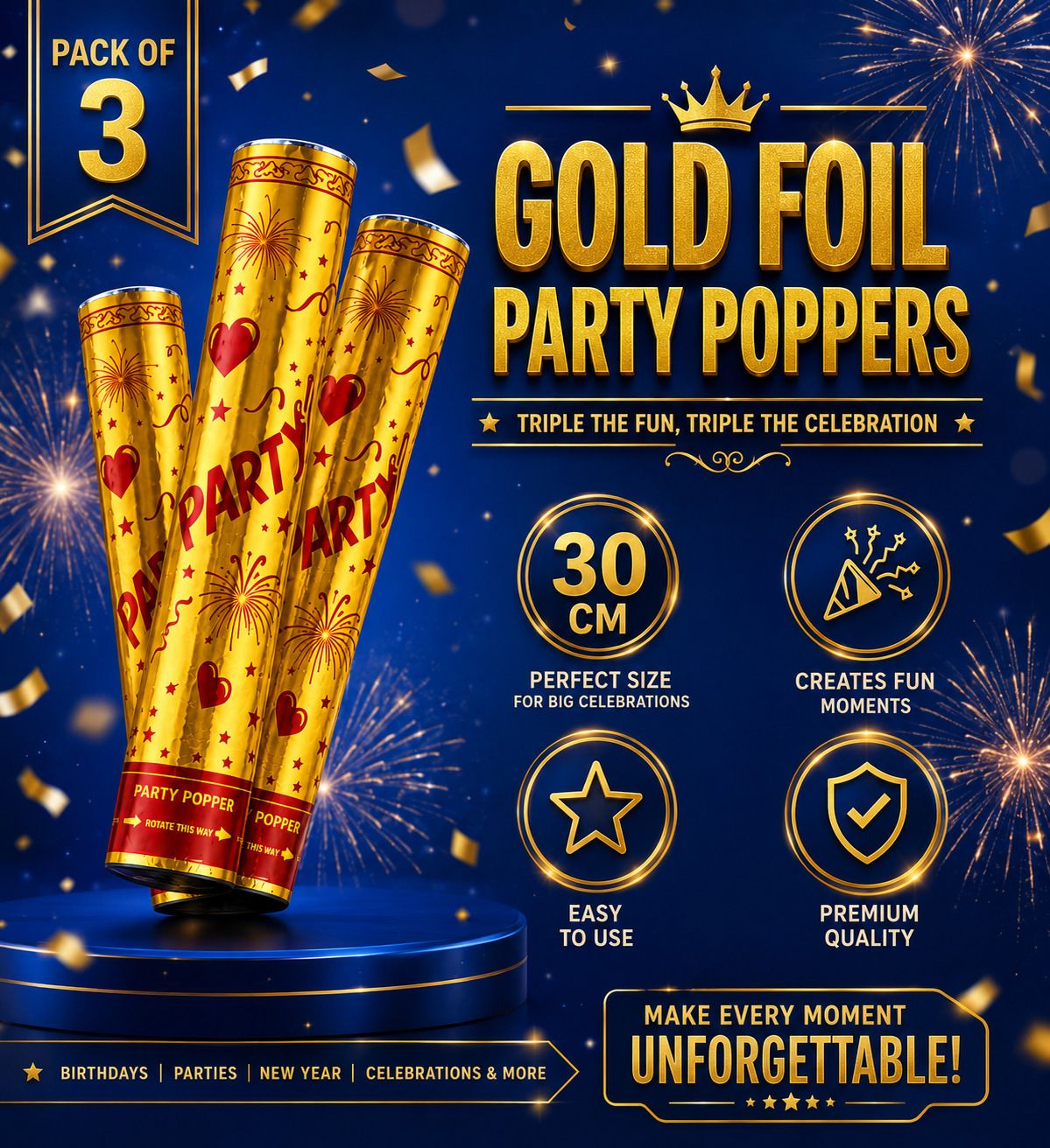 crazzz Gold Foil Party Popper (Pack of 3), 30 cm Party Blowouts-picture-15