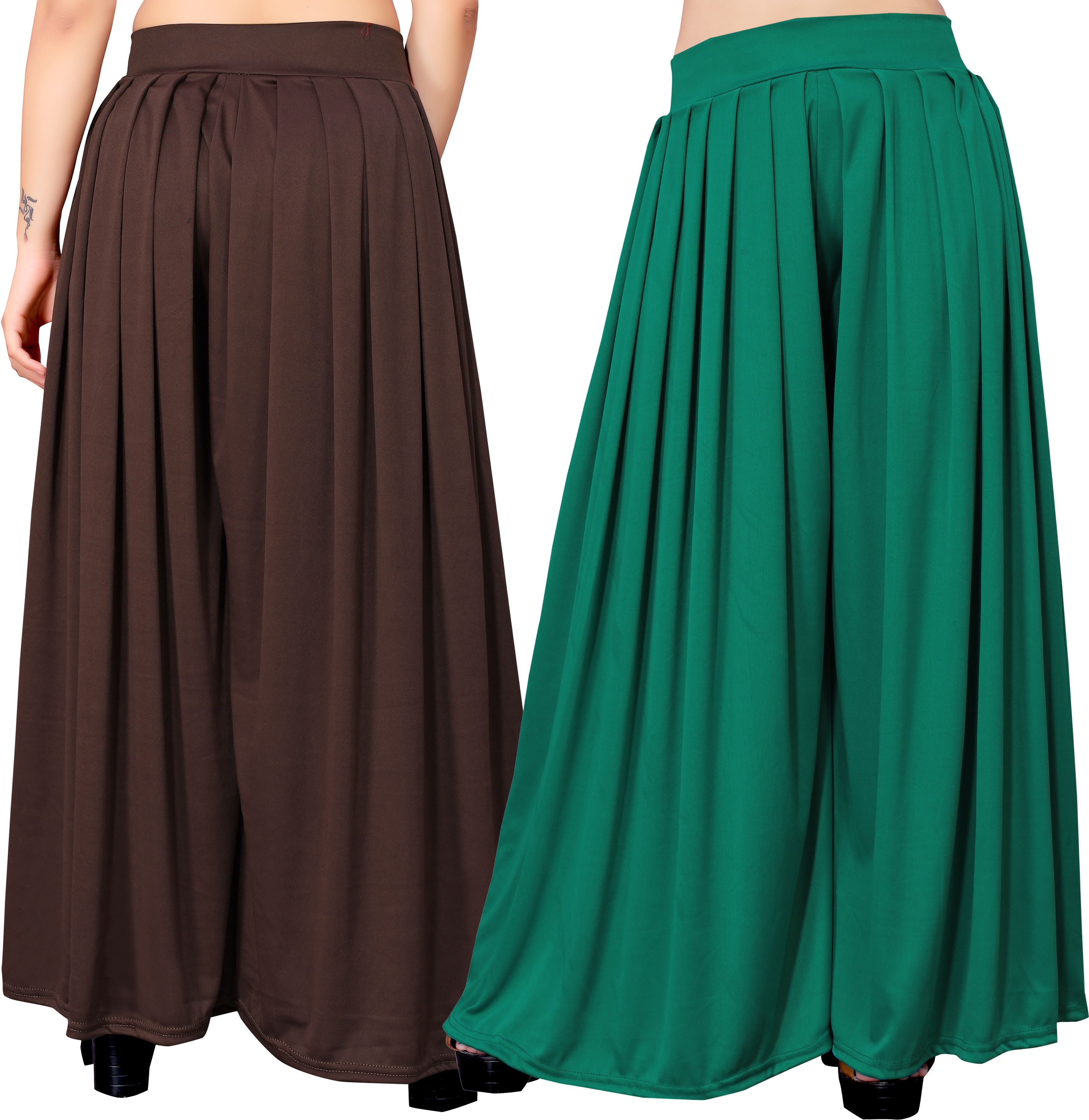 Pack of 2 Women Flared Green, Brown Lycra Blend Trousers-image-12