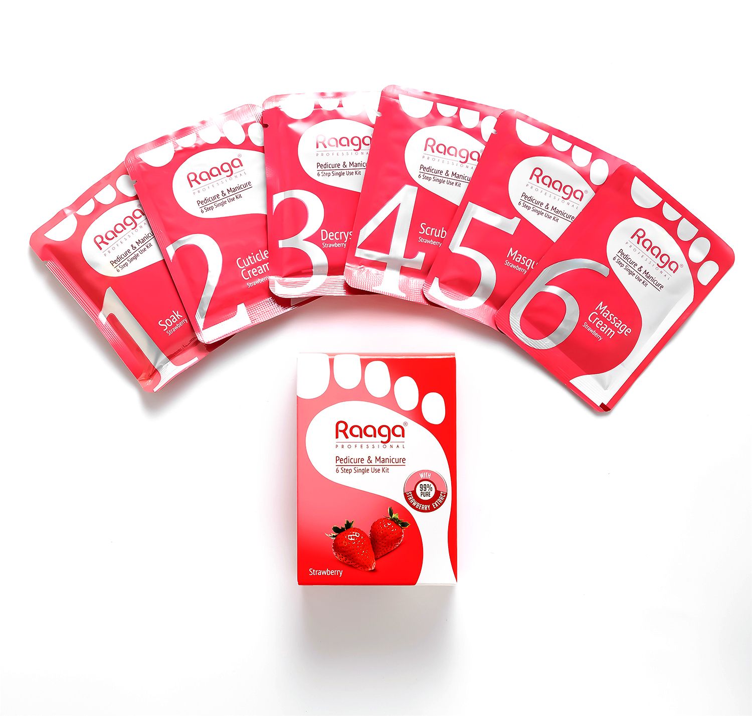 Manicure & Pedicure | Strawberry | 6 Step Single Use Kit | 6 Sachets, 63 g