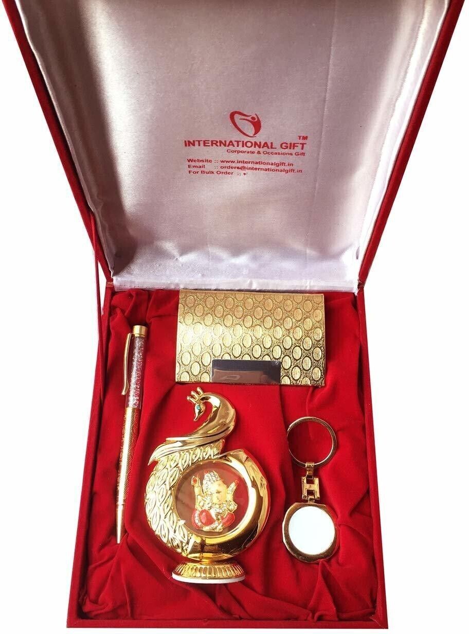 Gold Plated Pen, Card Holder & Key Chain With Ganesh Idol In Peacock Shape Ball Pen-image-44