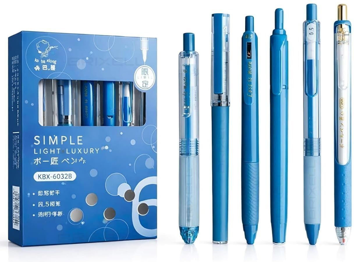 6 Pcs Blue Ink Gel Pen Set (5 Gel Pens + 1 Highlighter, 0.5mm) Cute Stationery Gel Pen-image-1