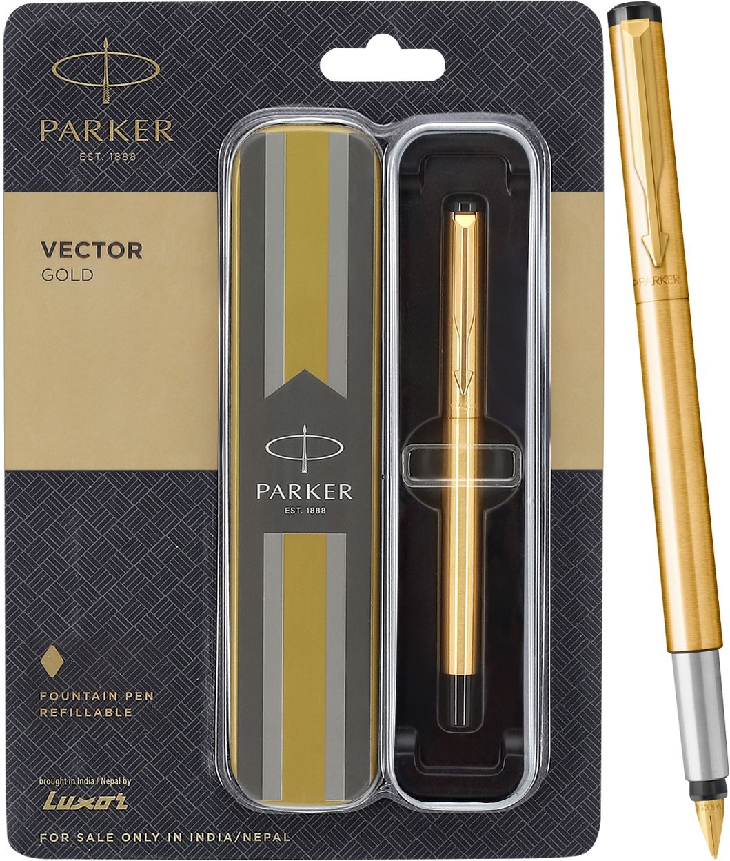 vector stainless steel, gold trim with gold finish nib fountain pen