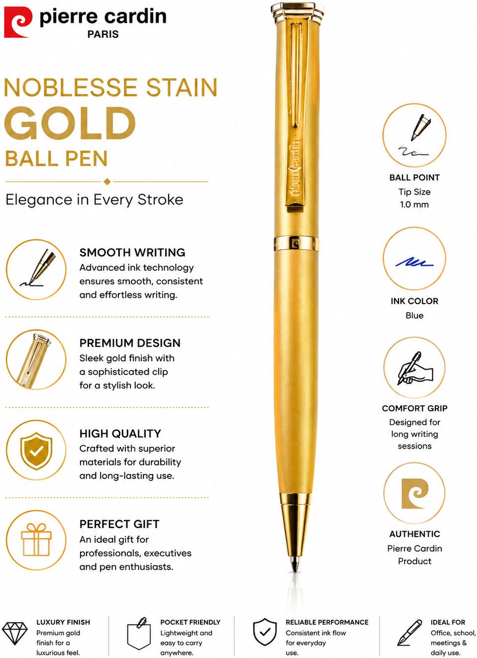 Pierre Cardin Noblesse Satin Gold Premium Ball Pen with Gift Box, Blue Ink Ball Pen-picture-20