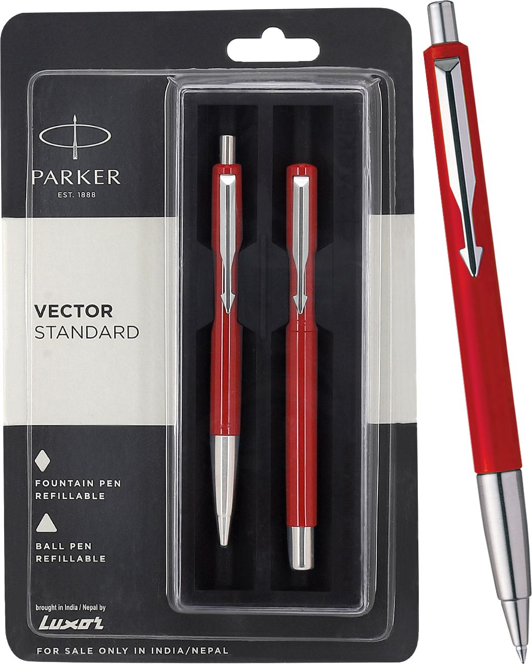 Vector Standard, Chrome Trim Fountain Pen & Red Body Colour Ball Pen-image-24