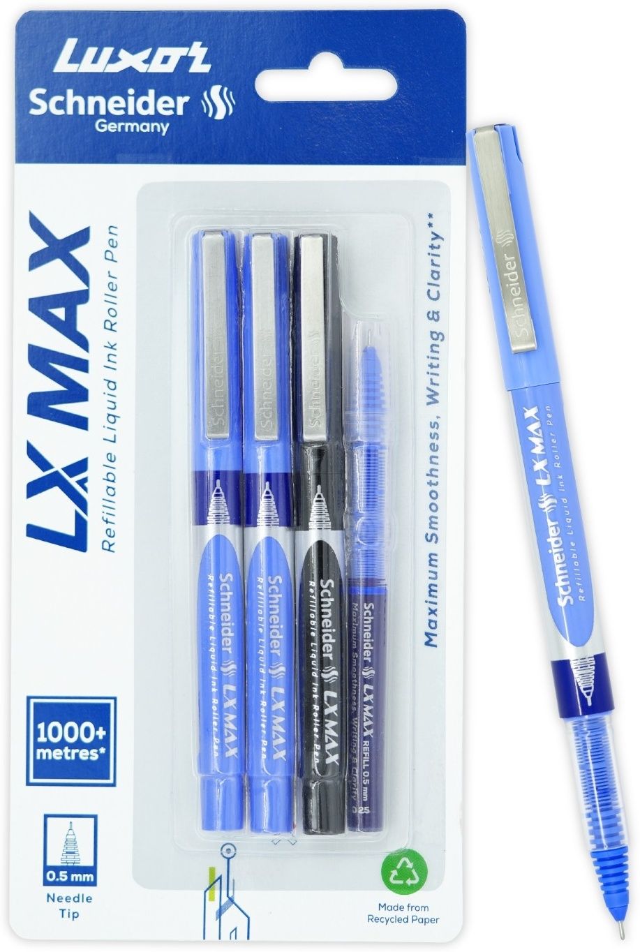 LX Max (Blue + Blue + Black + Rfl) 0.5 mm Needle Tip, 100% German Technology Roller Ball Pen-image-46