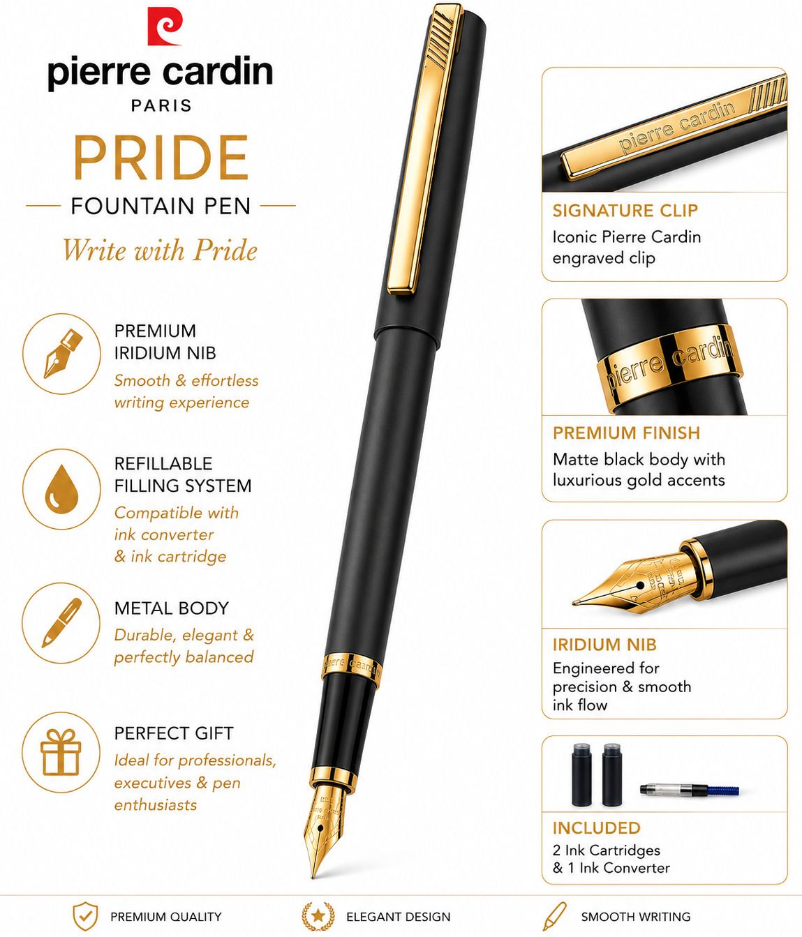 Pierre Cardin PRIDE Fountain Pen | Matte Black Metal Body | Gift Box Fountain Pen-picture-42