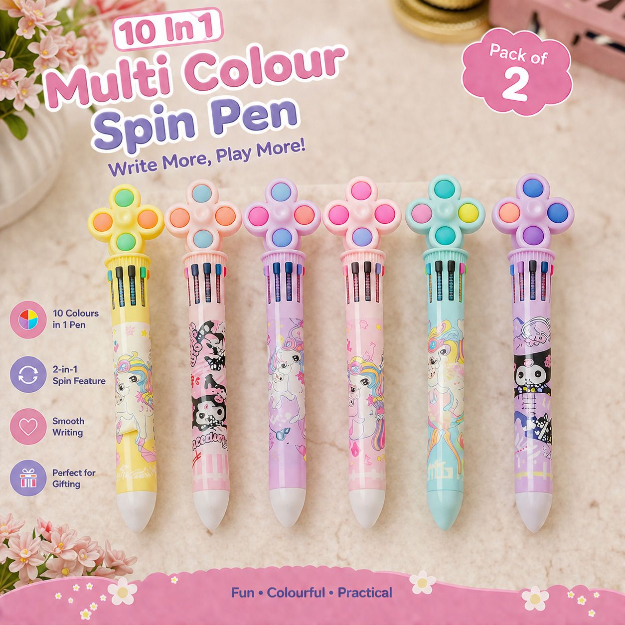Cartoon Theme 10 in 1 Multicolor Pen with Flower Spinner Cute Stationery Kit Ball Pen-image-17