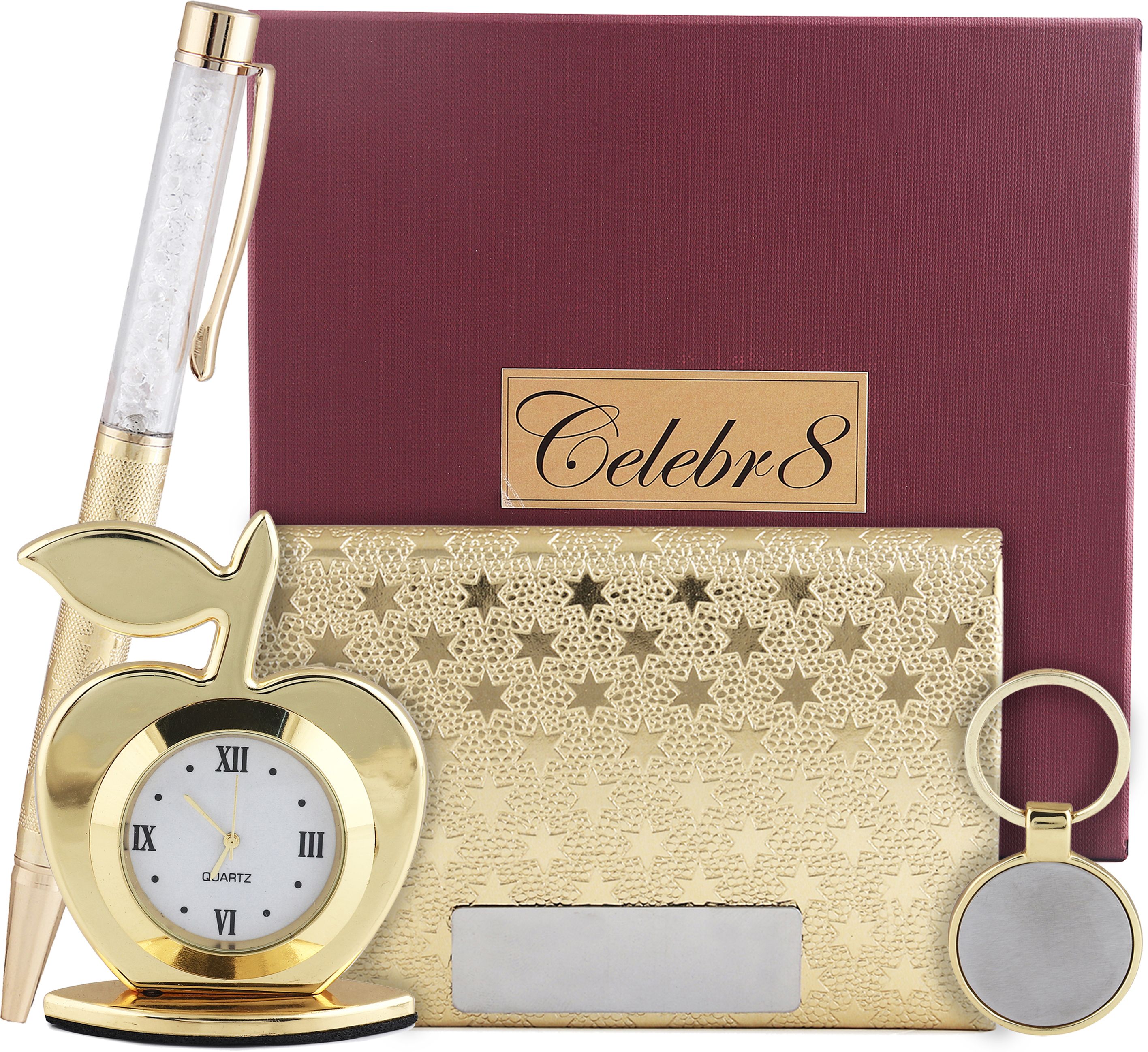 4 in 1 Golden Gift Set With Clock, Crystal Pen, Business Card Holder & Keychain Pen Gift Set-image-37