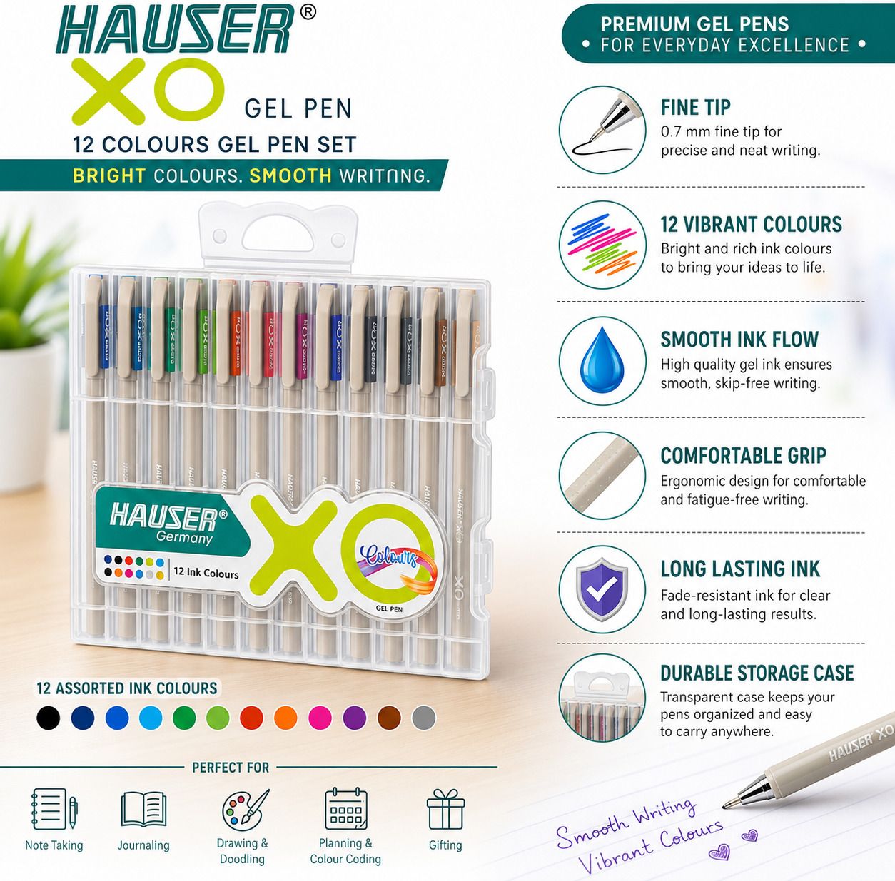 hauser XO Multicolor Gel Pen Set | 12 Vibrant Ink Colours | 0.7 mm Fine Tip Gel Pen-picture-37