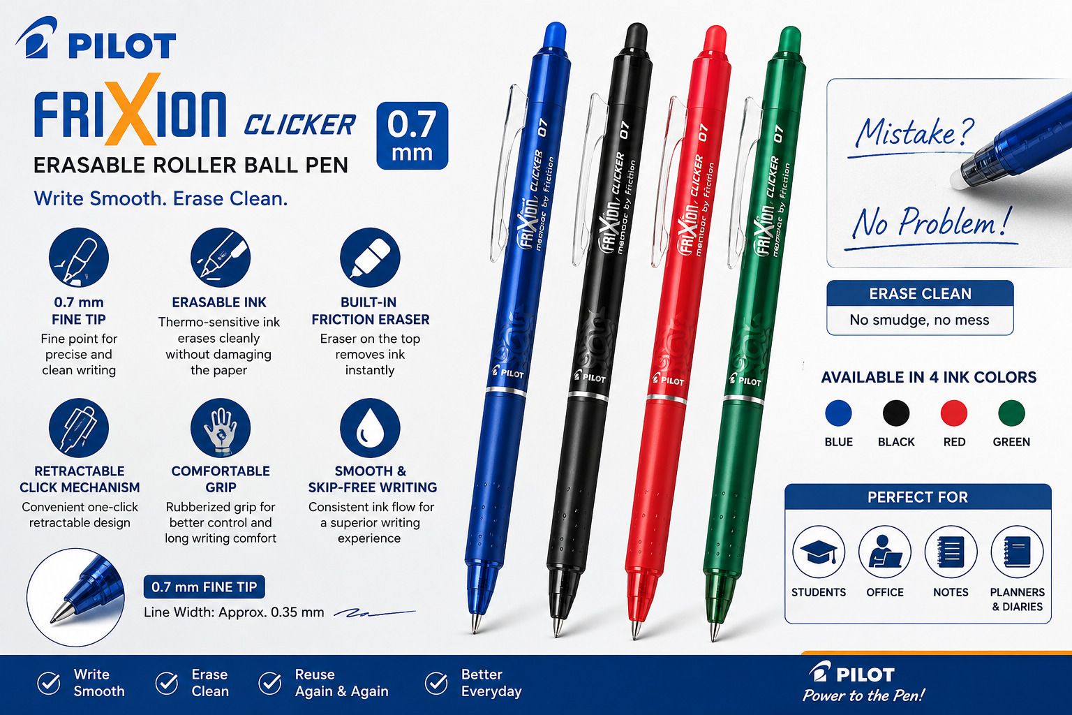 pilot Frixion Clicker 0.7 mm Retractable Erasable Roller Ball Pen | Smooth Writing Roller Ball Pen-picture-44