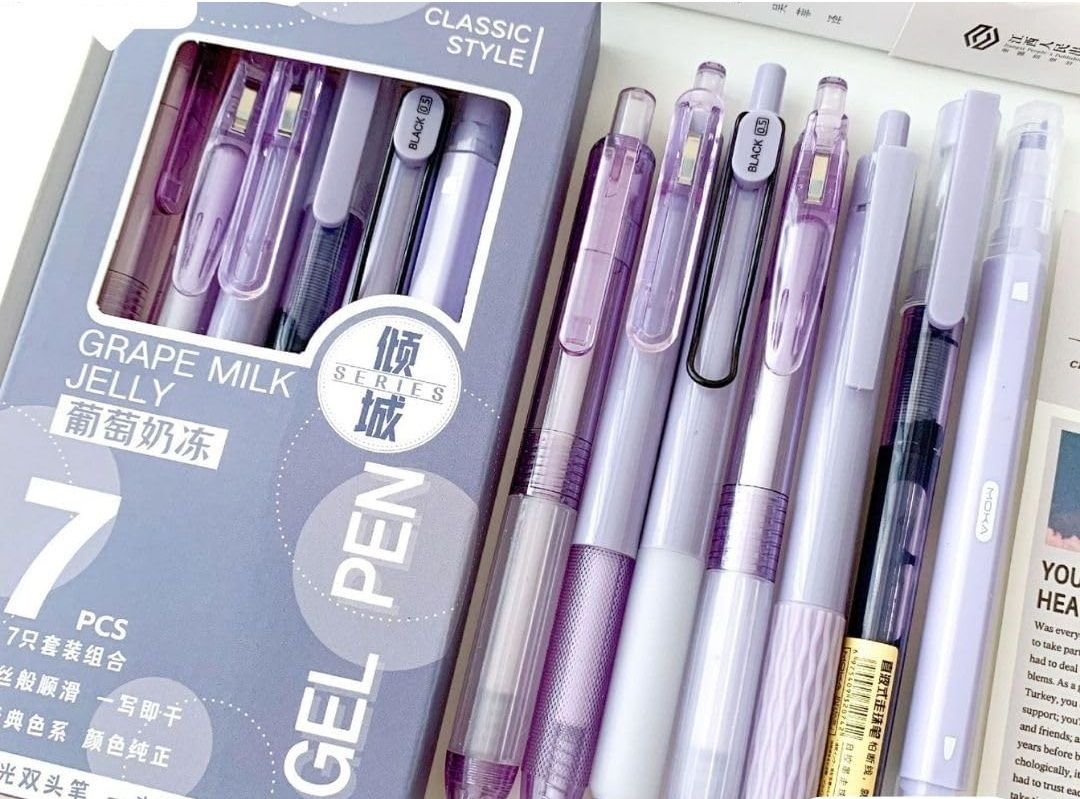 apcatio 7PCS Purple Gel Pen Set with 1Highlighter + 0.5mm 6 Pen Black Ink Fine Point Gel Pen-picture-38