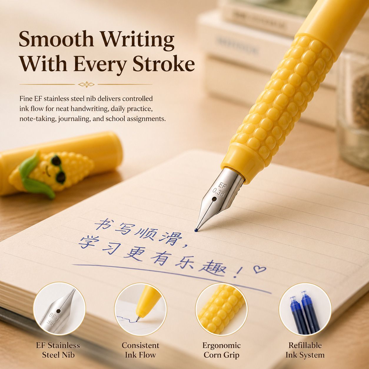 Corn Fountain Pen Set for Beginners, EF Nib, 0.38mm (Random colour) Fountain Pen-image-9