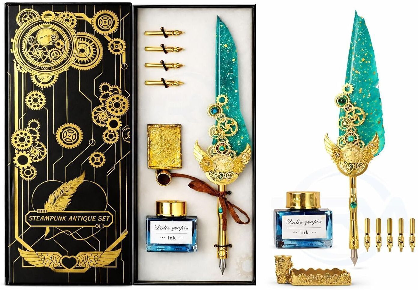 urm Steampunk Antique Calligraphy Pen Set with Feather Dip Pen | Vintage Gift Set Ink Bottle-picture-5