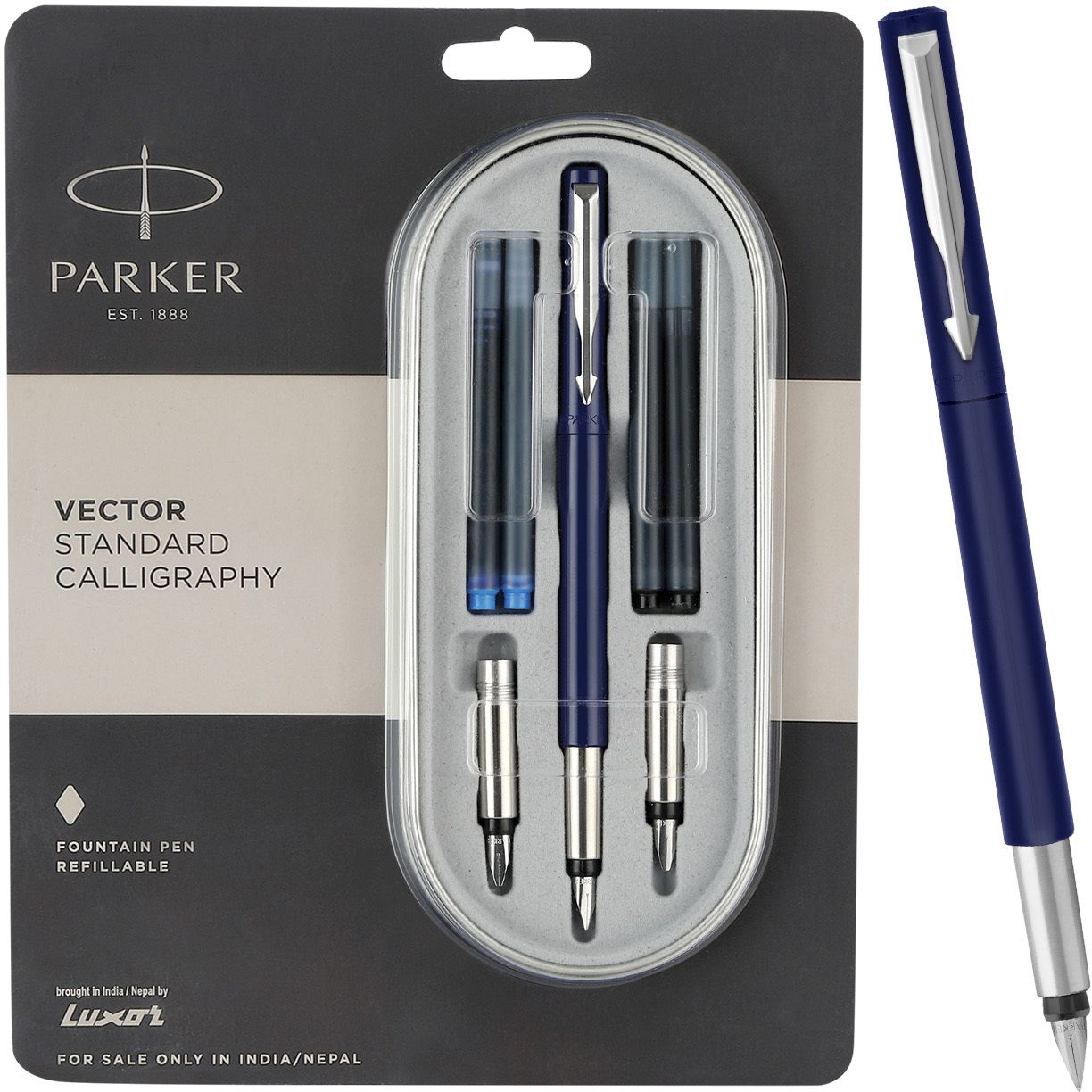 Vector Standard Calligraphy, Chrome Trim With 4 Ink Cartridges (2 Blue Fountain Pen