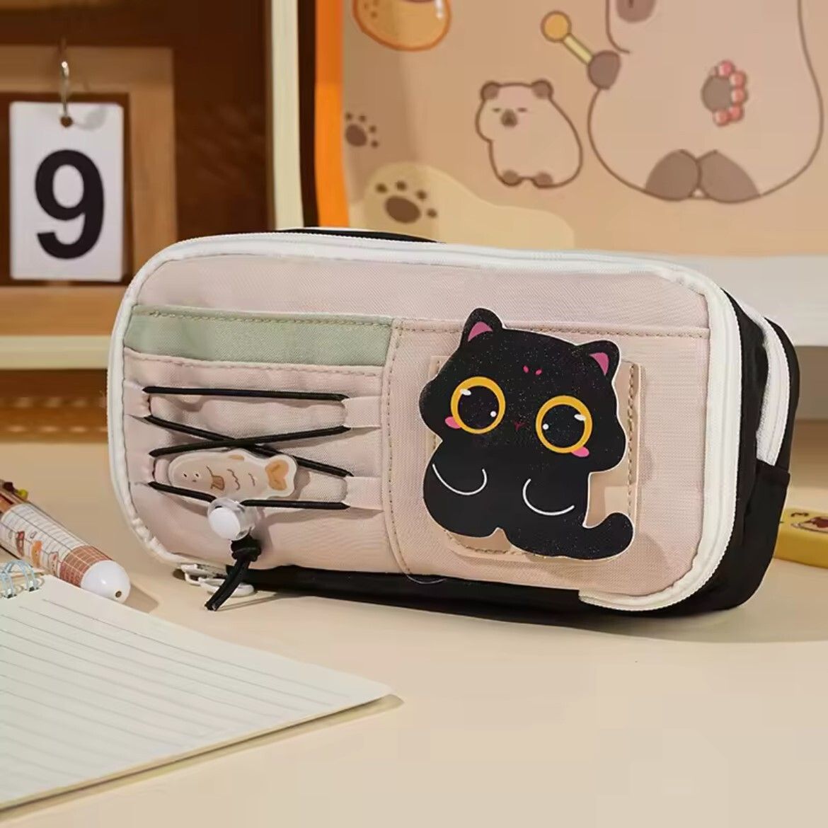 Aesthetic Meow-Capacity Pencil Case | 3-Layer Big Pen Pouch With Cute Black Cat Patches | Back to School Essential | RP1472.0 Art Polyester Pencil Box-image-2